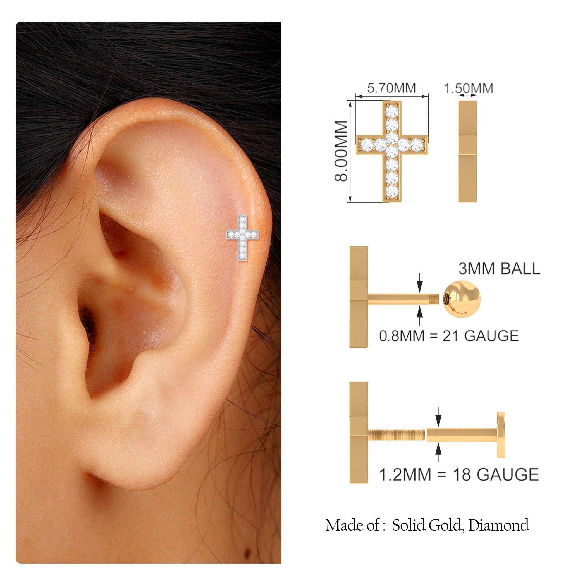 Rosec Jewels-Minimalist Moissanite Gold Cross Earring for Helix Piercing