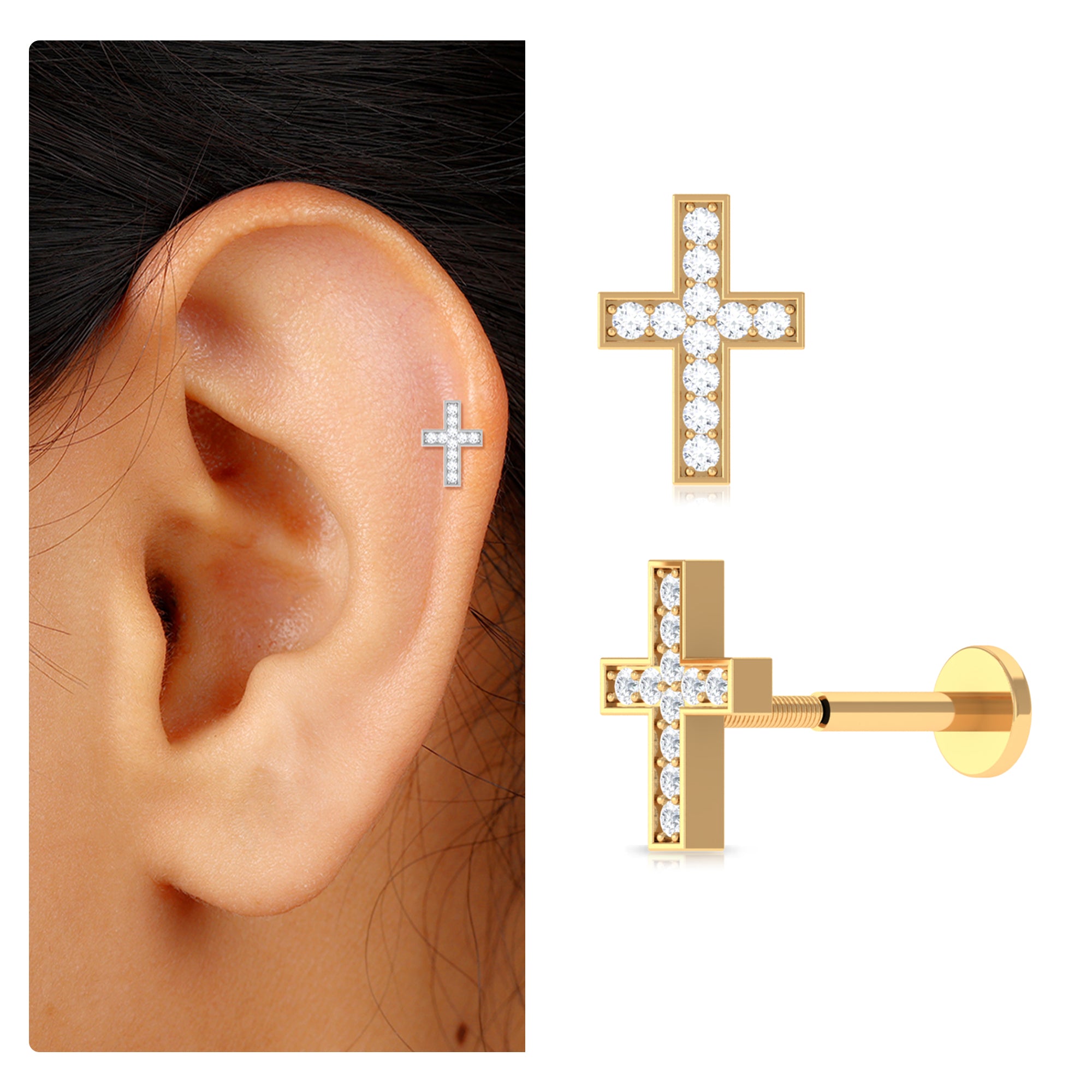 Rosec Jewels-Minimalist Moissanite Gold Cross Earring for Helix Piercing