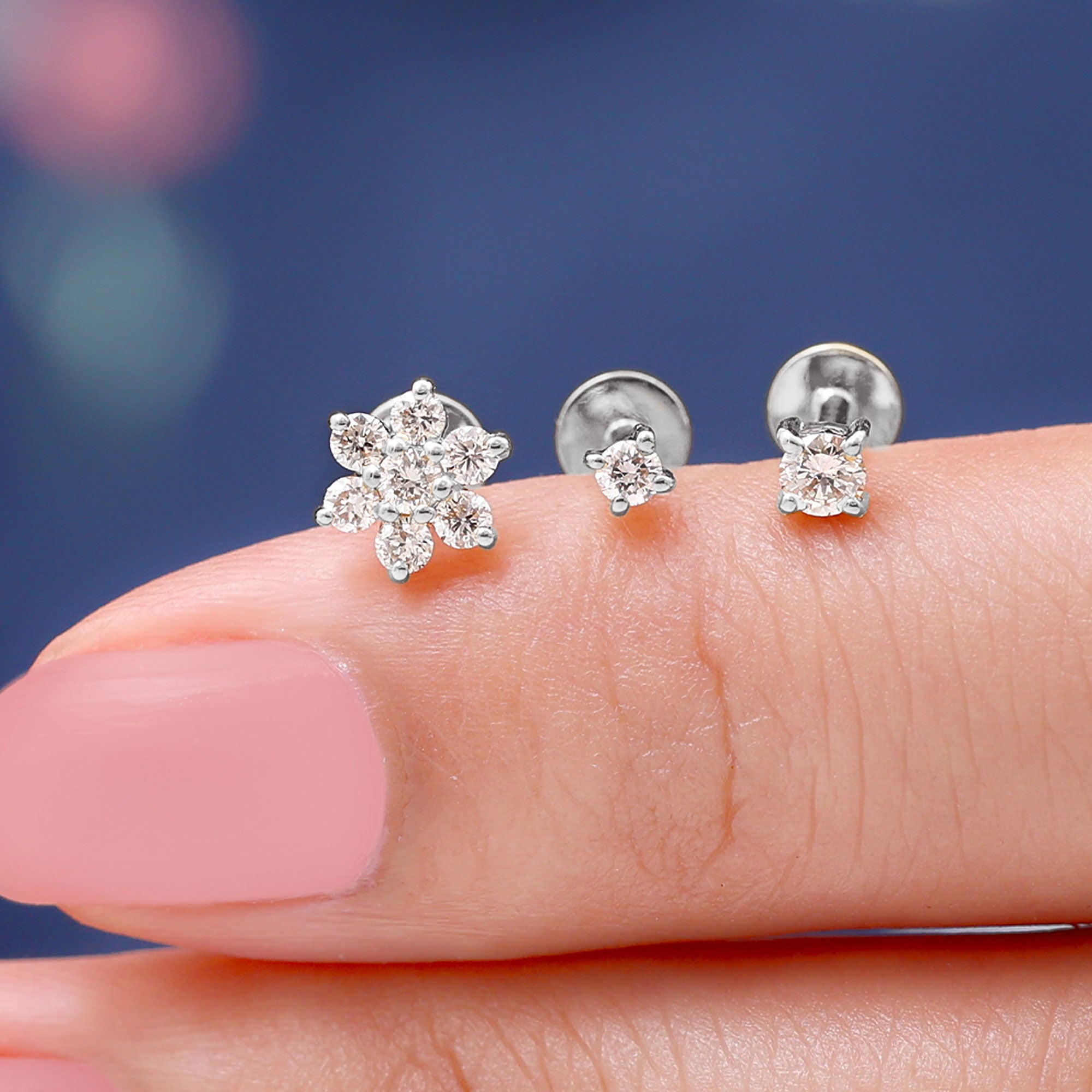 Rosec Jewels-Moissanite Flower Triple Earrings Set for Cartilage Piercing