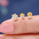 Rosec Jewels-Moissanite Flower Triple Earrings Set for Cartilage Piercing