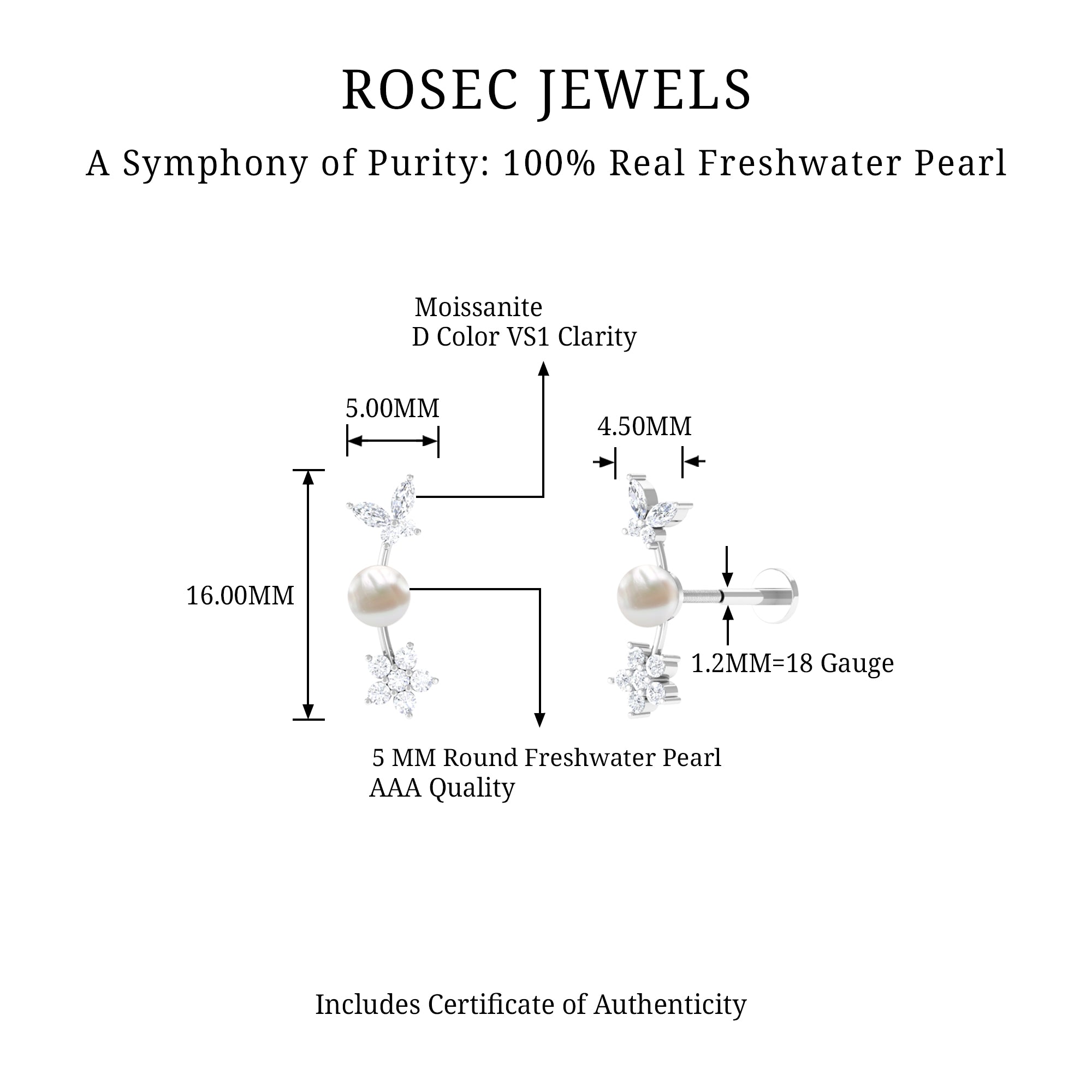 Rosec Jewels-Nature Inspired Freshwater Pearl and Moissanite Crawler Earring