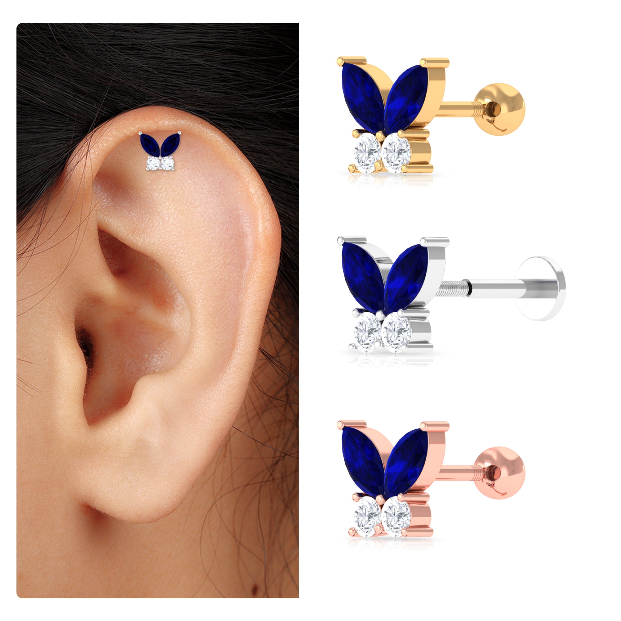 Rosec Jewels-Marquise Blue Sapphire Butterfly Helix Earring with Moissanite