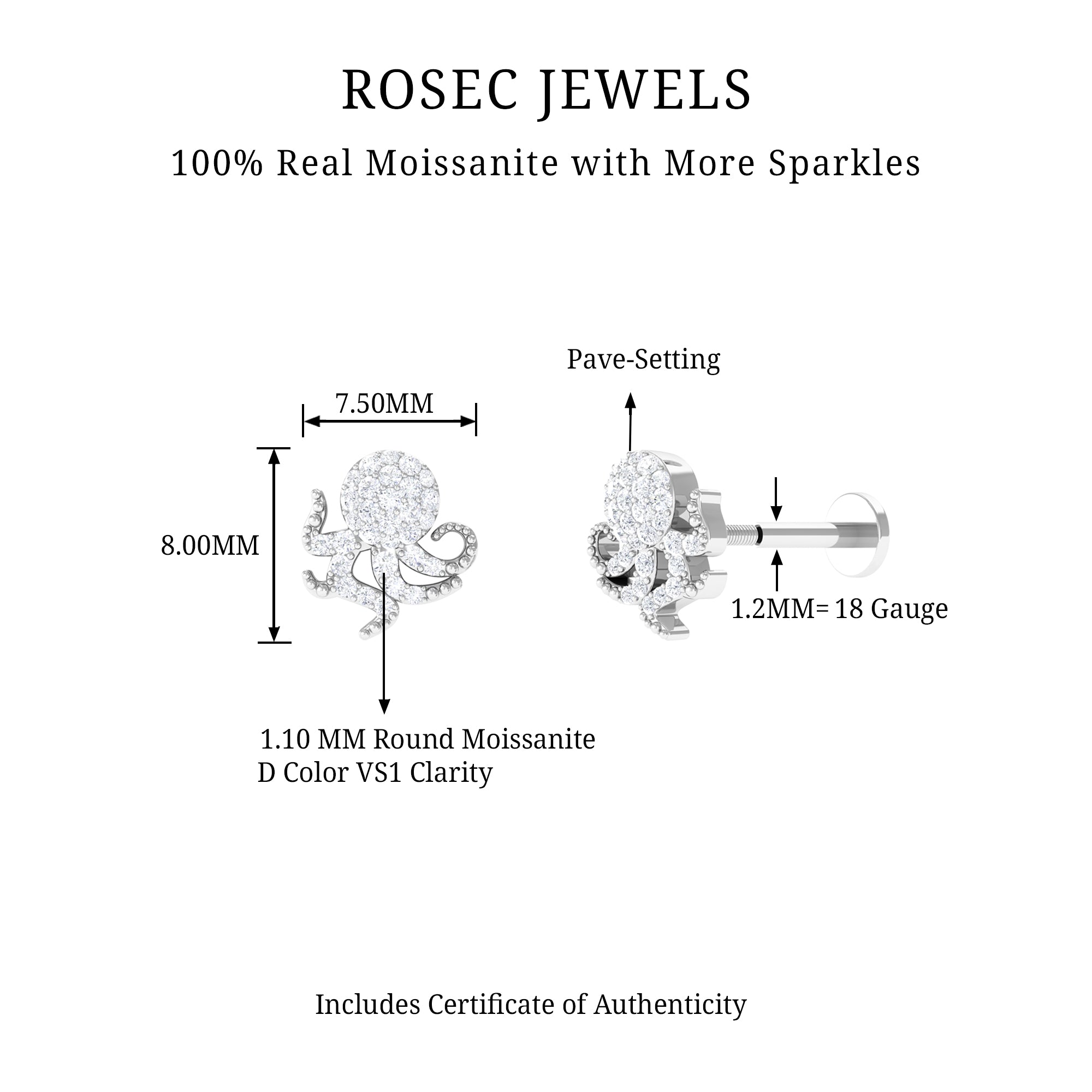 Rosec Jewels-Moissanite Gold Octopus Earring for Cartilage Piercing