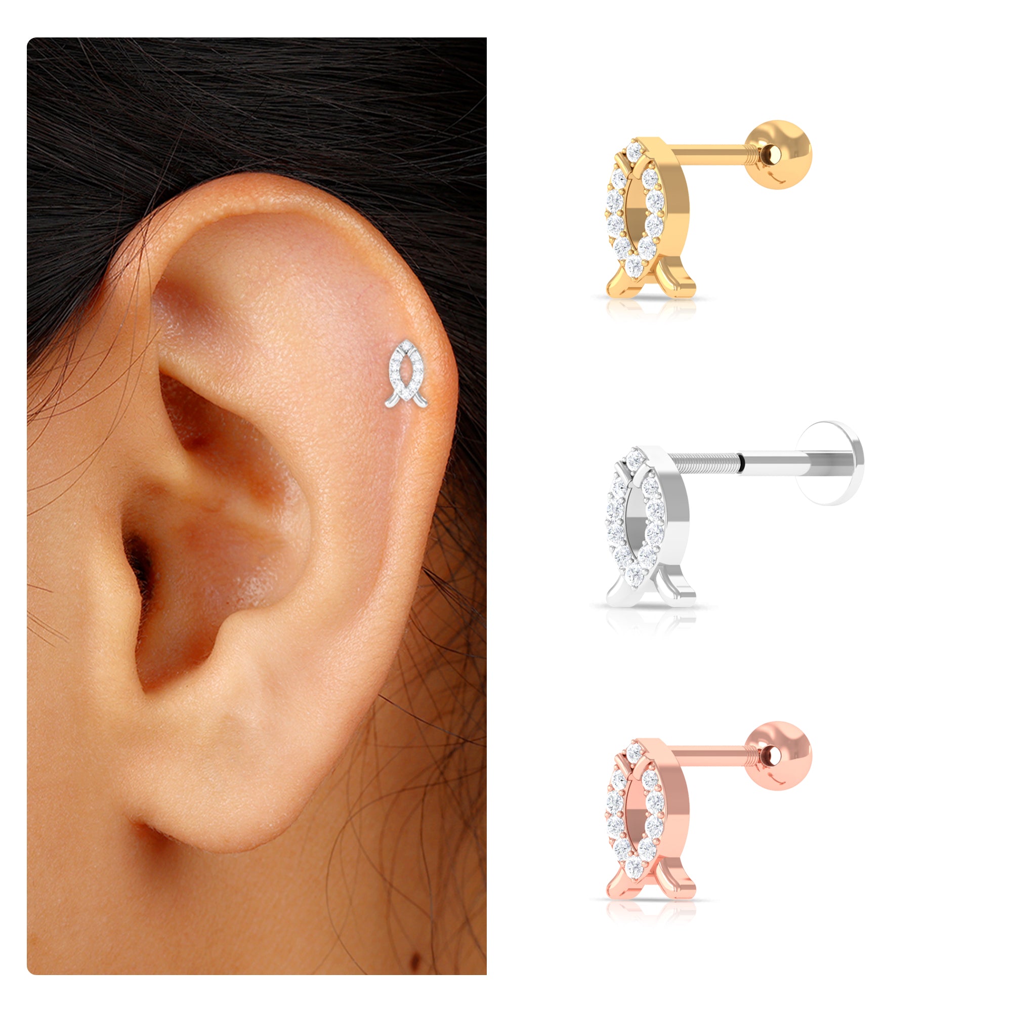 Rosec Jewels-Unique Diamond Gold Fish Earring for Tragus Piercing