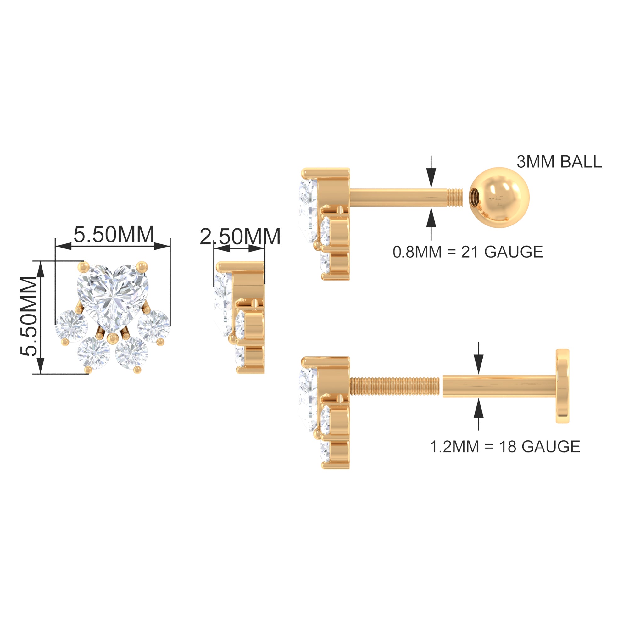 Rosec Jewels-Heart Shape Moissanite Paw Cartilage Earring in Gold