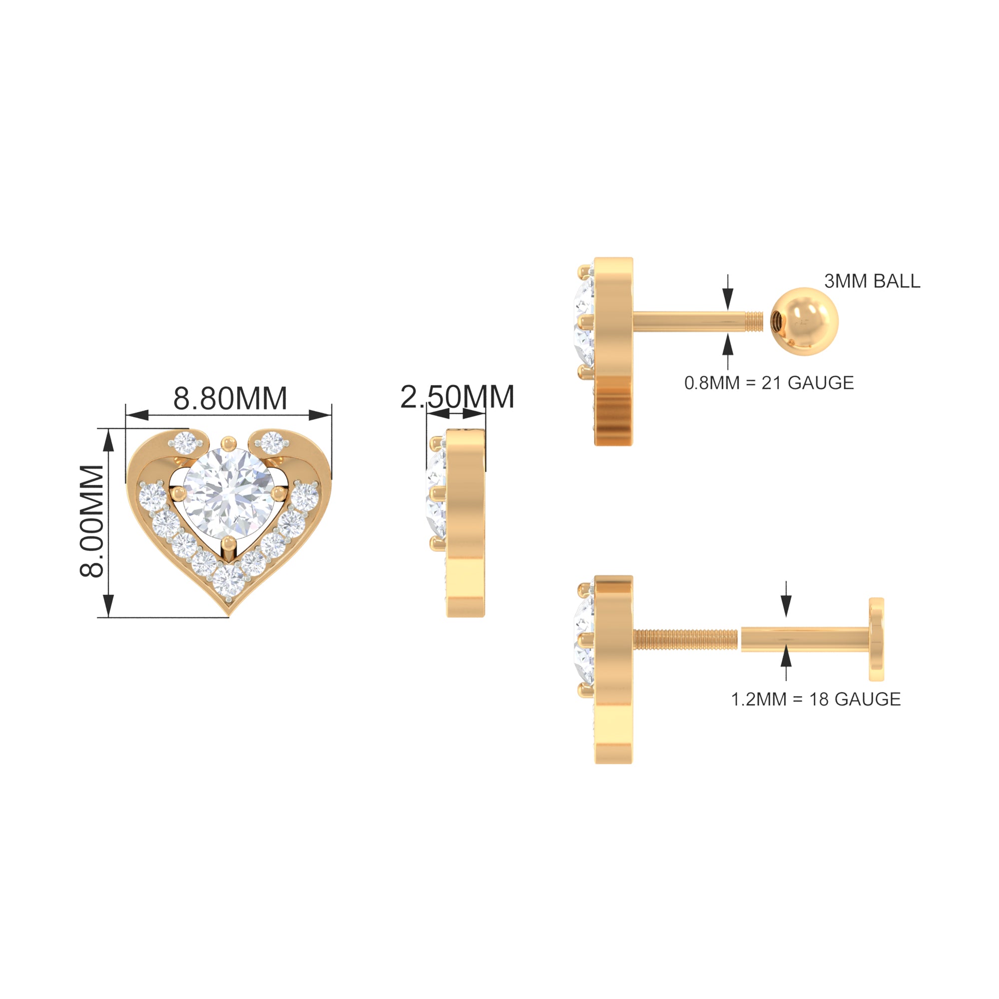 Certified Moissanite Gold Heart Earring for Cartilage Piercing Moissanite - ( D-VS1 ) - Color and Clarity - Rosec Jewels