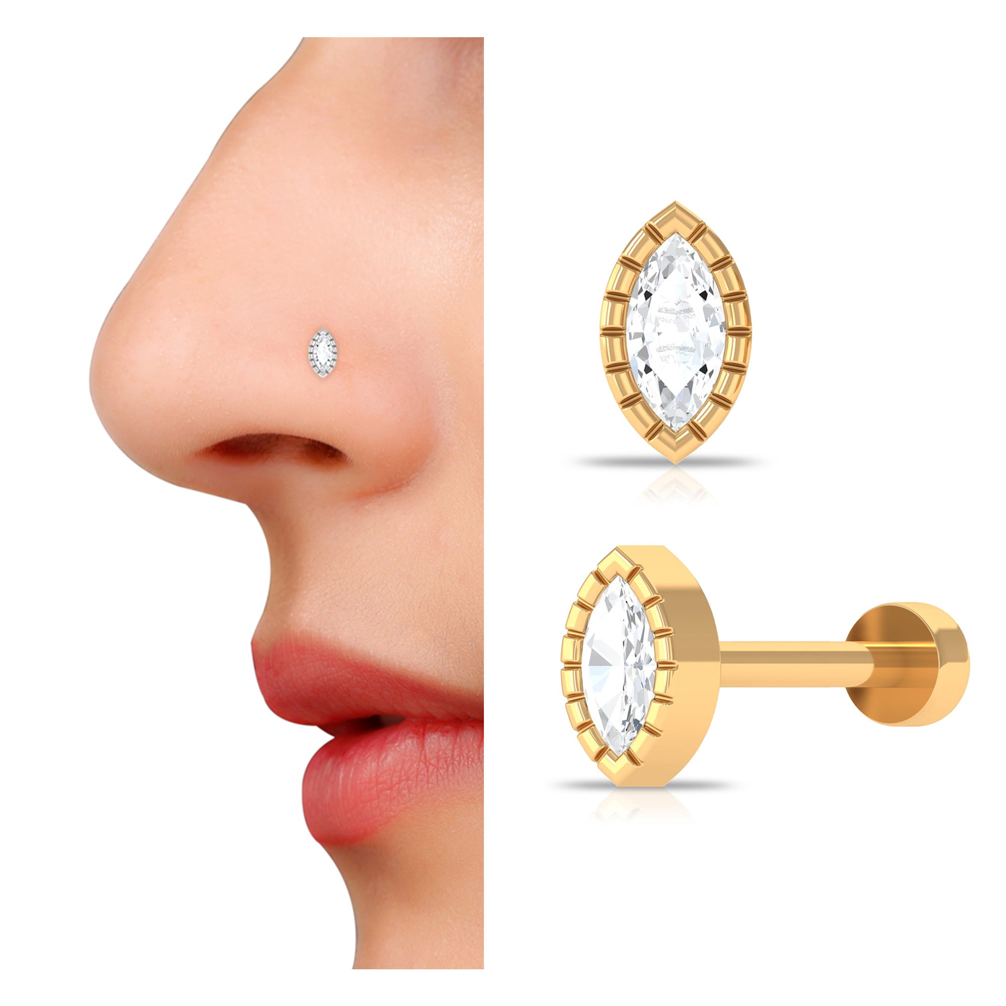 Marquise Diamond Simple Nose Stud in Bezel Setting Rosec Jewels