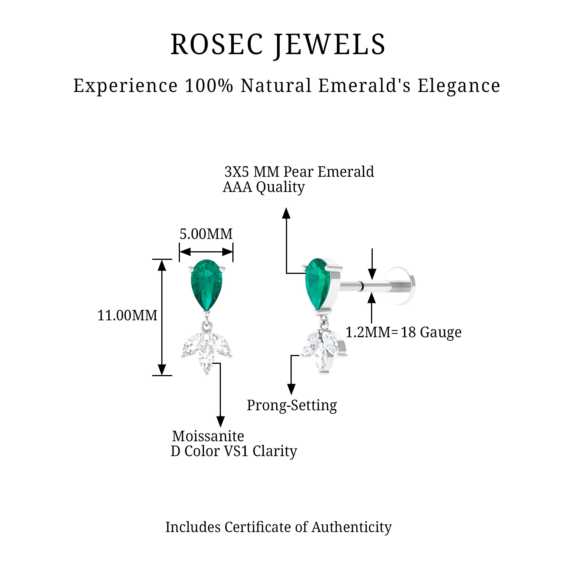 Rosec Jewels-Pear Cut Emerald and Moissanite Dangle Earring