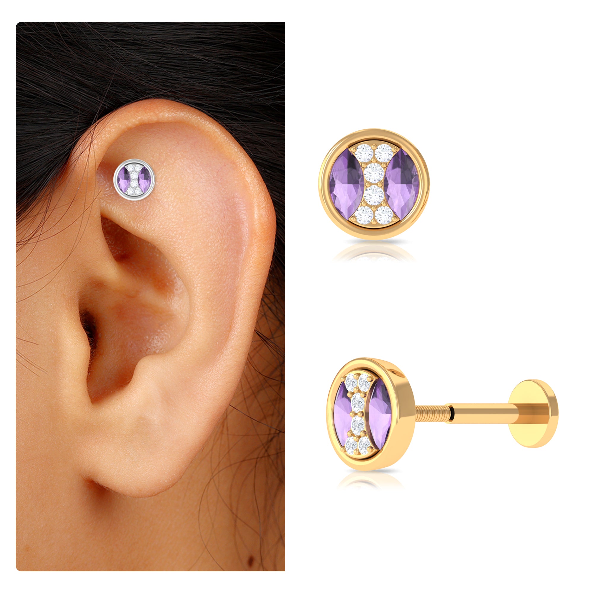 Rosec Jewels-Amethyst and Moissanite Circle Helix Earring in Gold