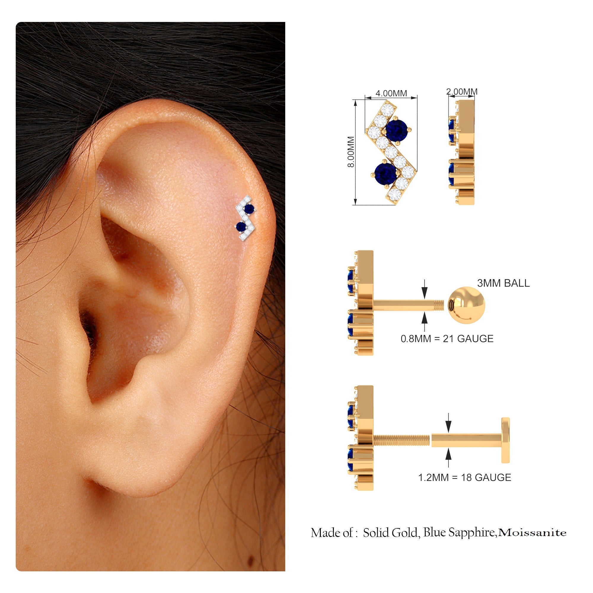 Blue Sapphire and Moissanite Zig Zag Helix Earring in Gold Blue Sapphire - ( AAA ) - Quality - Rosec Jewels