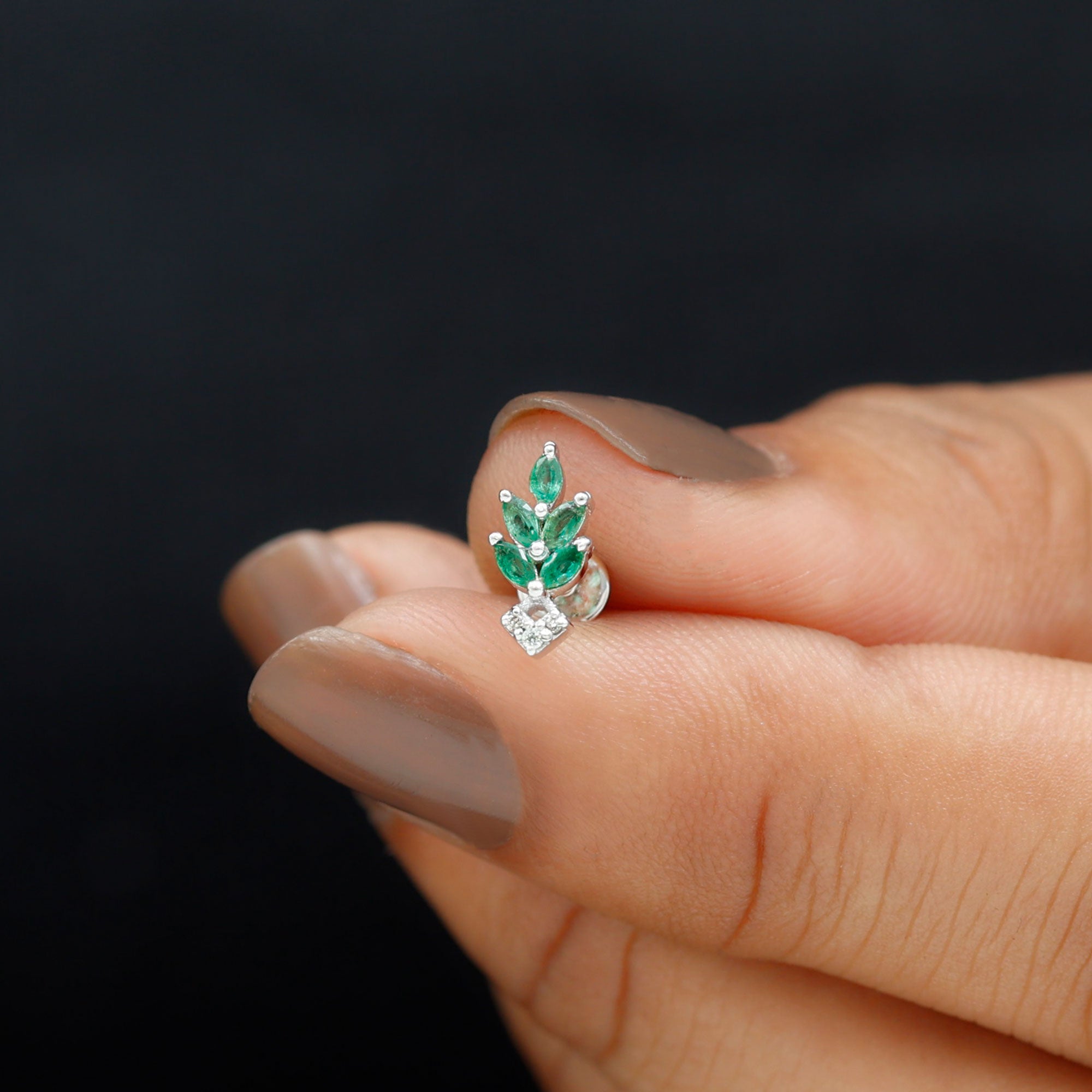 Rosec Jewels-Emerald and Diamond Leaf Cartilage Earring