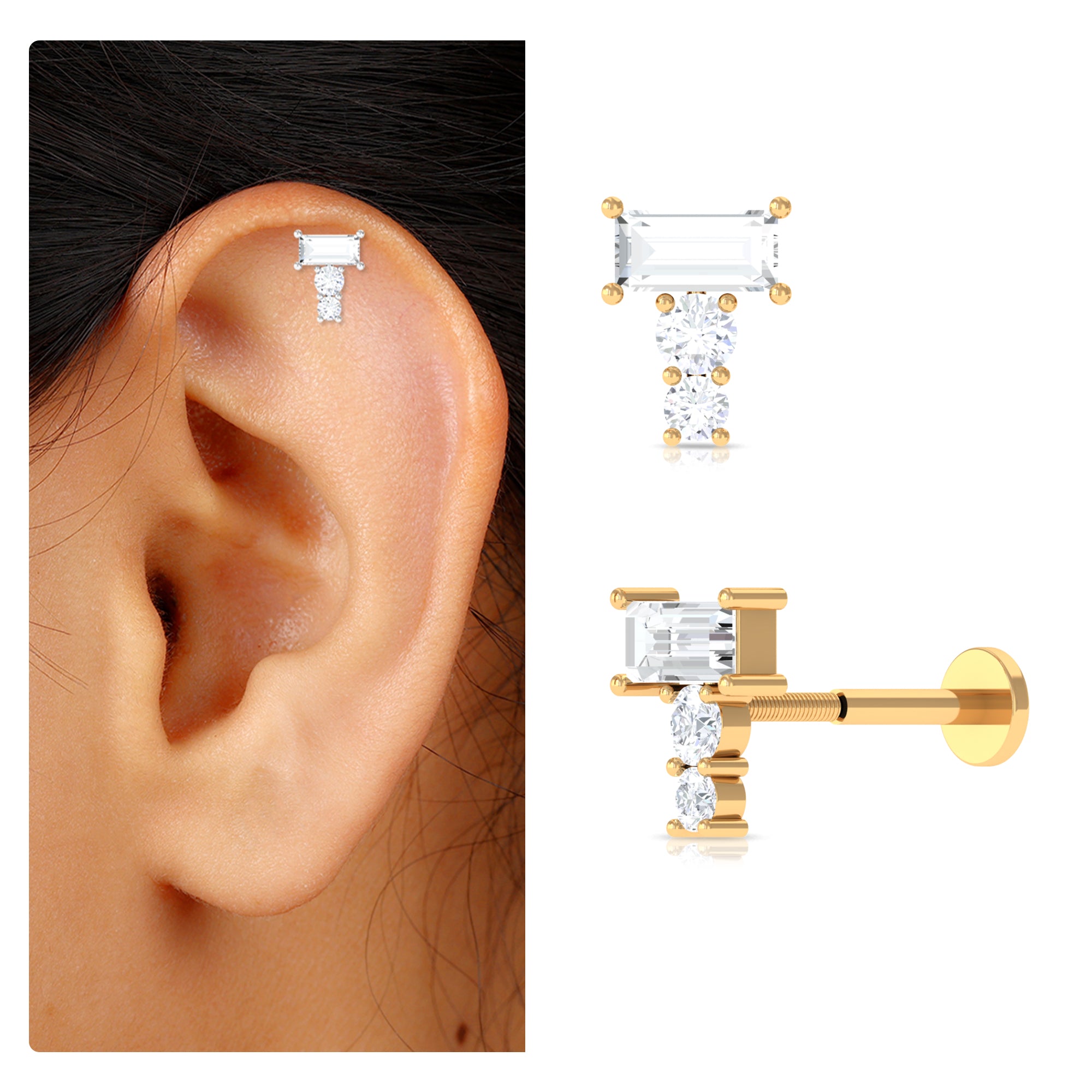 Rosec Jewels-Baguette Moissanite Three Stone Cartilage Earring in Gold