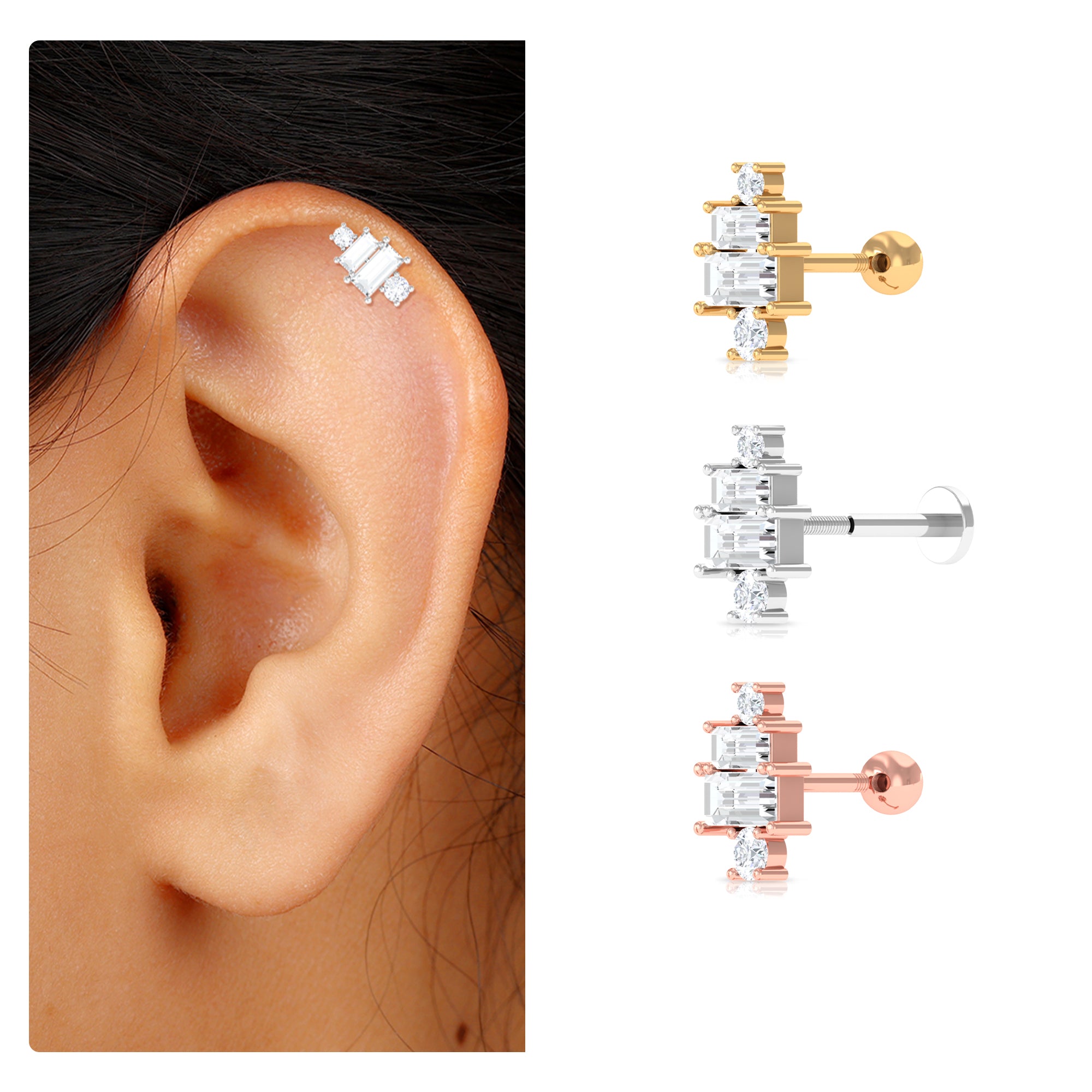 Rosec Jewels-Baguette Moissanite Designer Earring for Helix Piercing