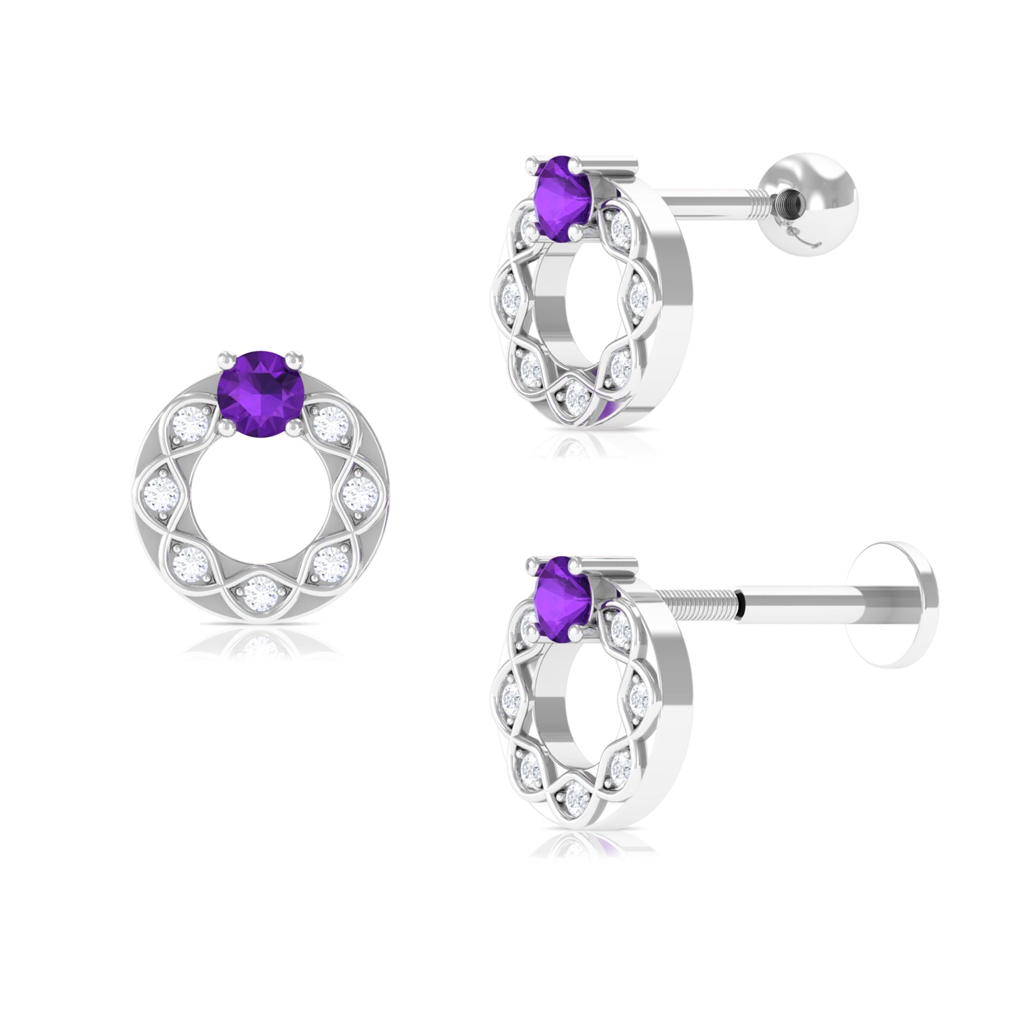 Rosec Jewels-Amethyst and Moissanite Open Circle Helix Earring in Gold