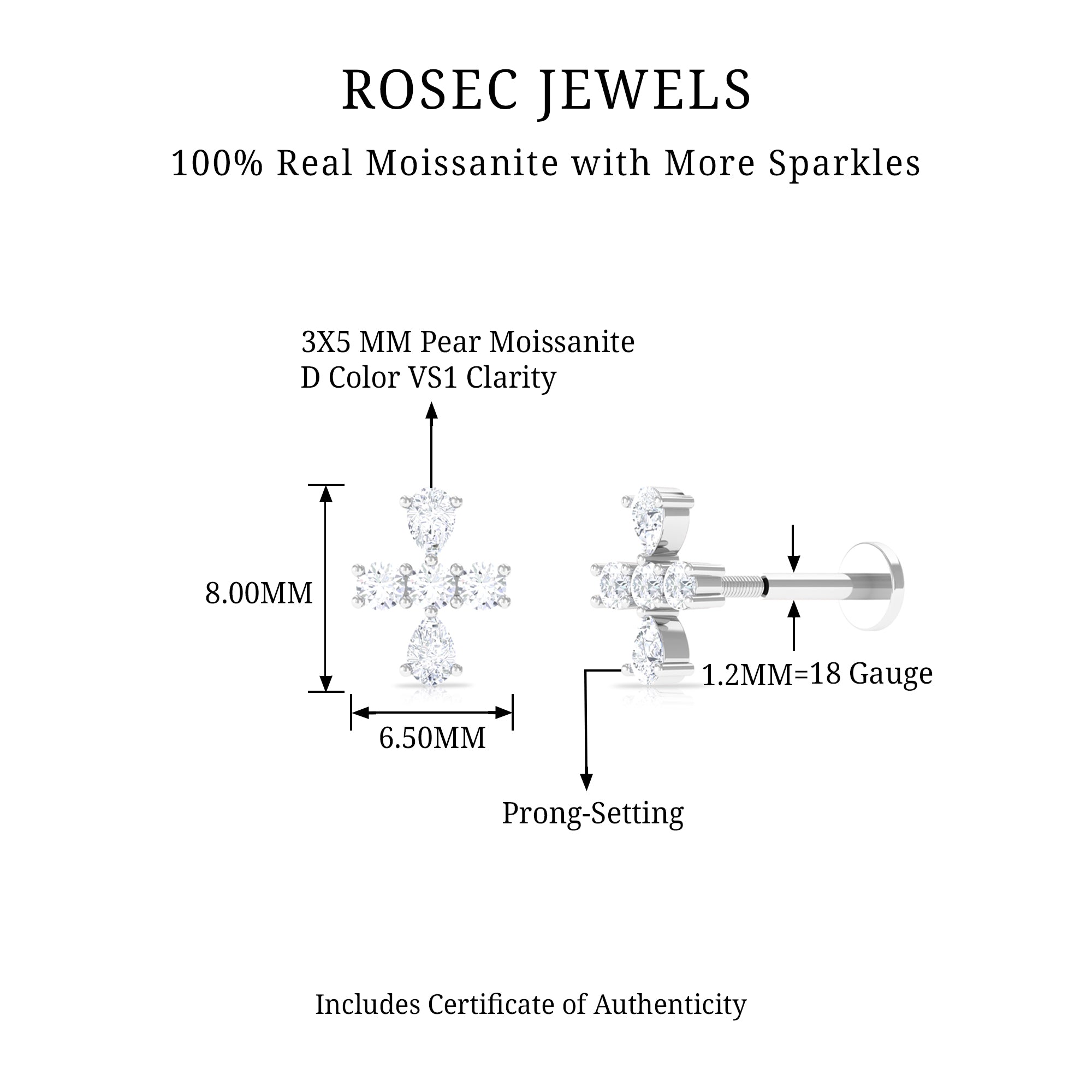 Rosec Jewels-Pear and Round Moissanite Cross Cartilage Earring