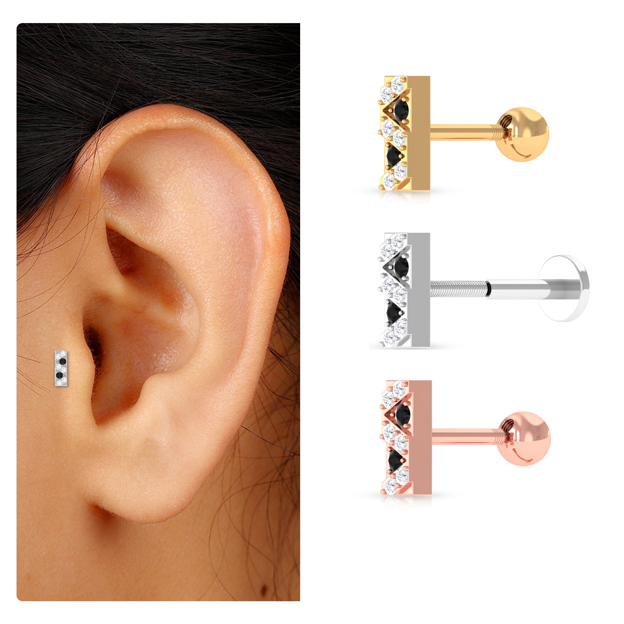 Rosec Jewels-Black Diamond and Moissanite Gold Bar Conch Earring