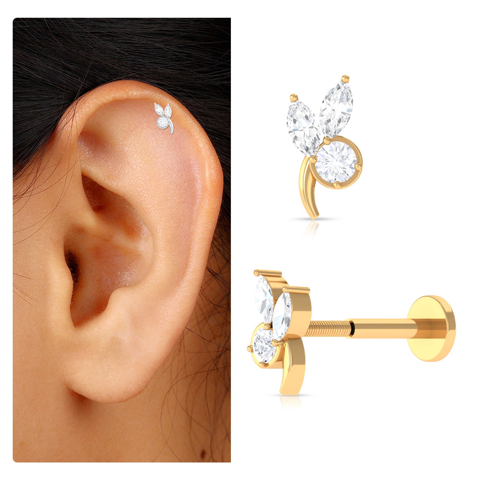 Rosec Jewels-Marquise and Round Moissanite Gold Leaf Earring