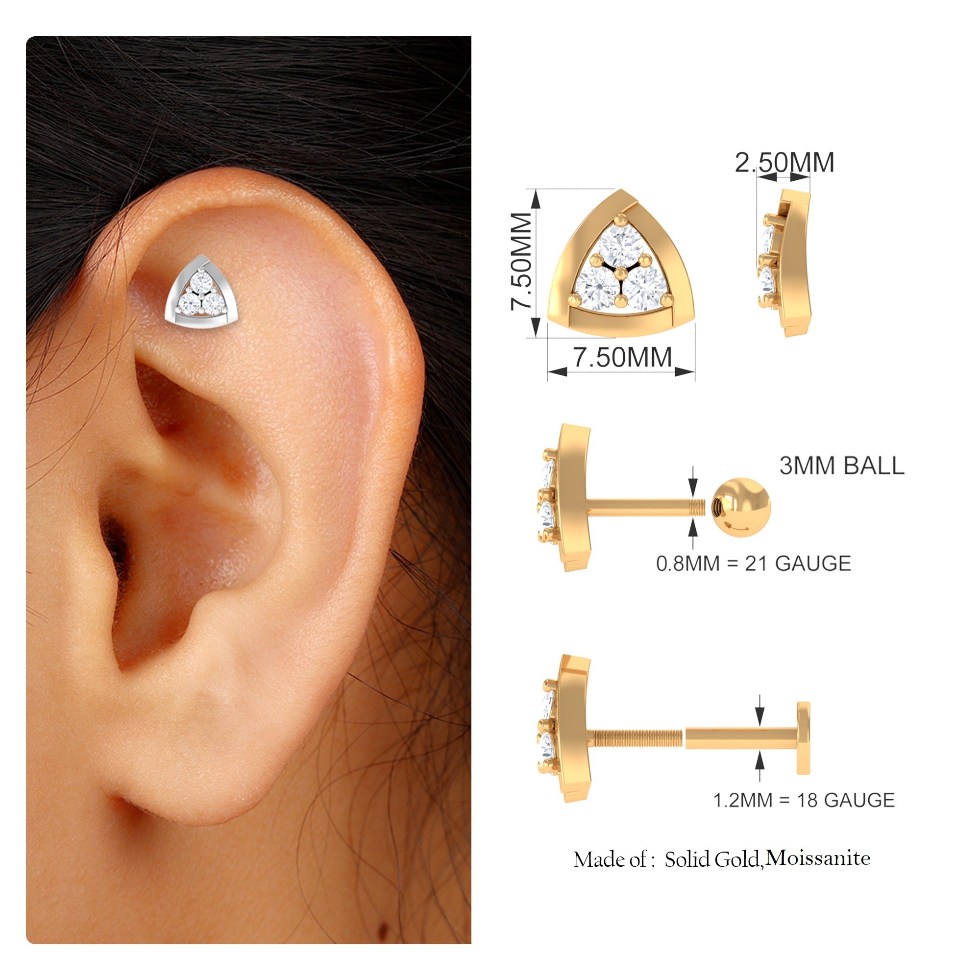 Rosec Jewels-Round Moissanite Triangle Geometric Earring for Helix Piercing