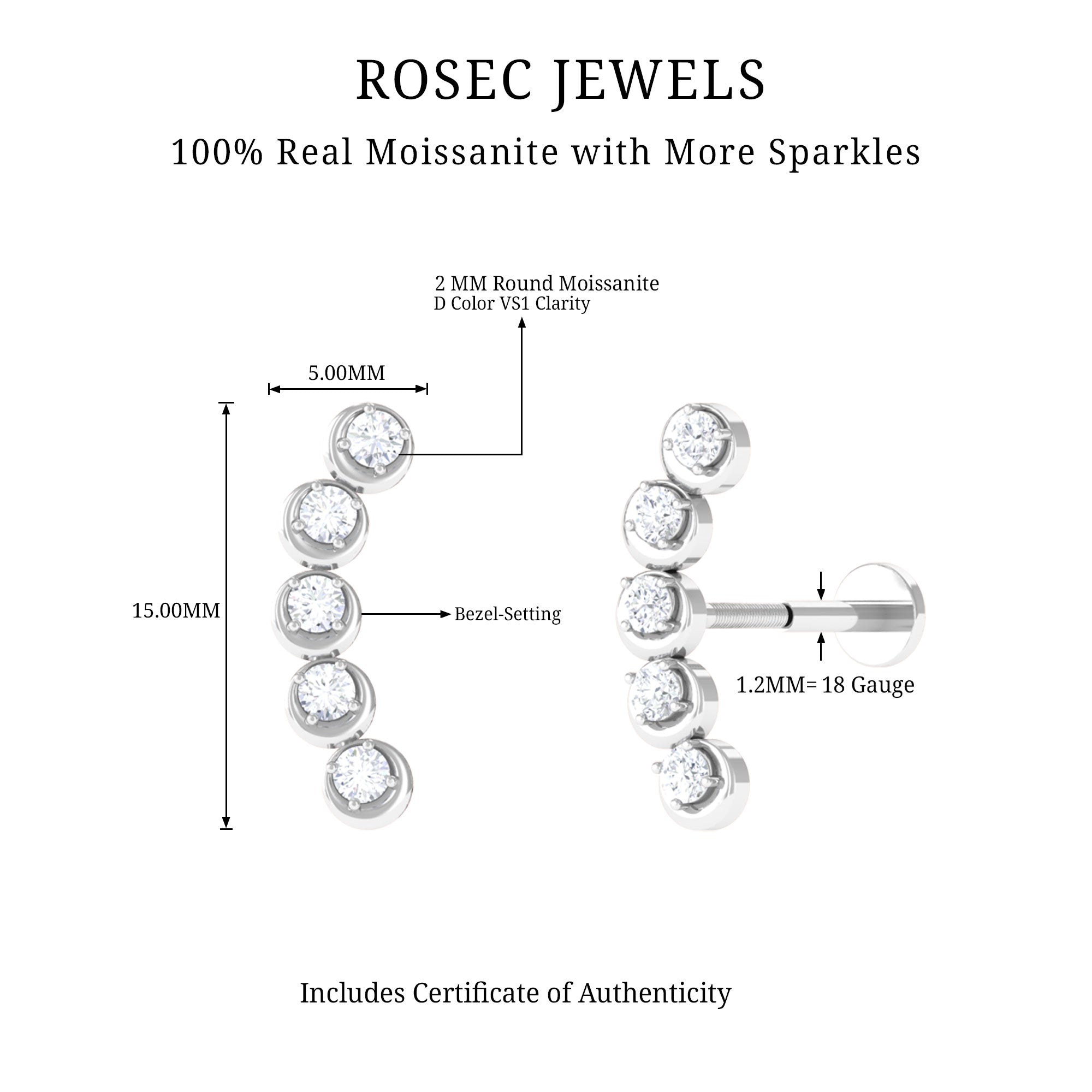 Rosec Jewels-Round Moissanite Gold Crawler Earring for Helix Piercing