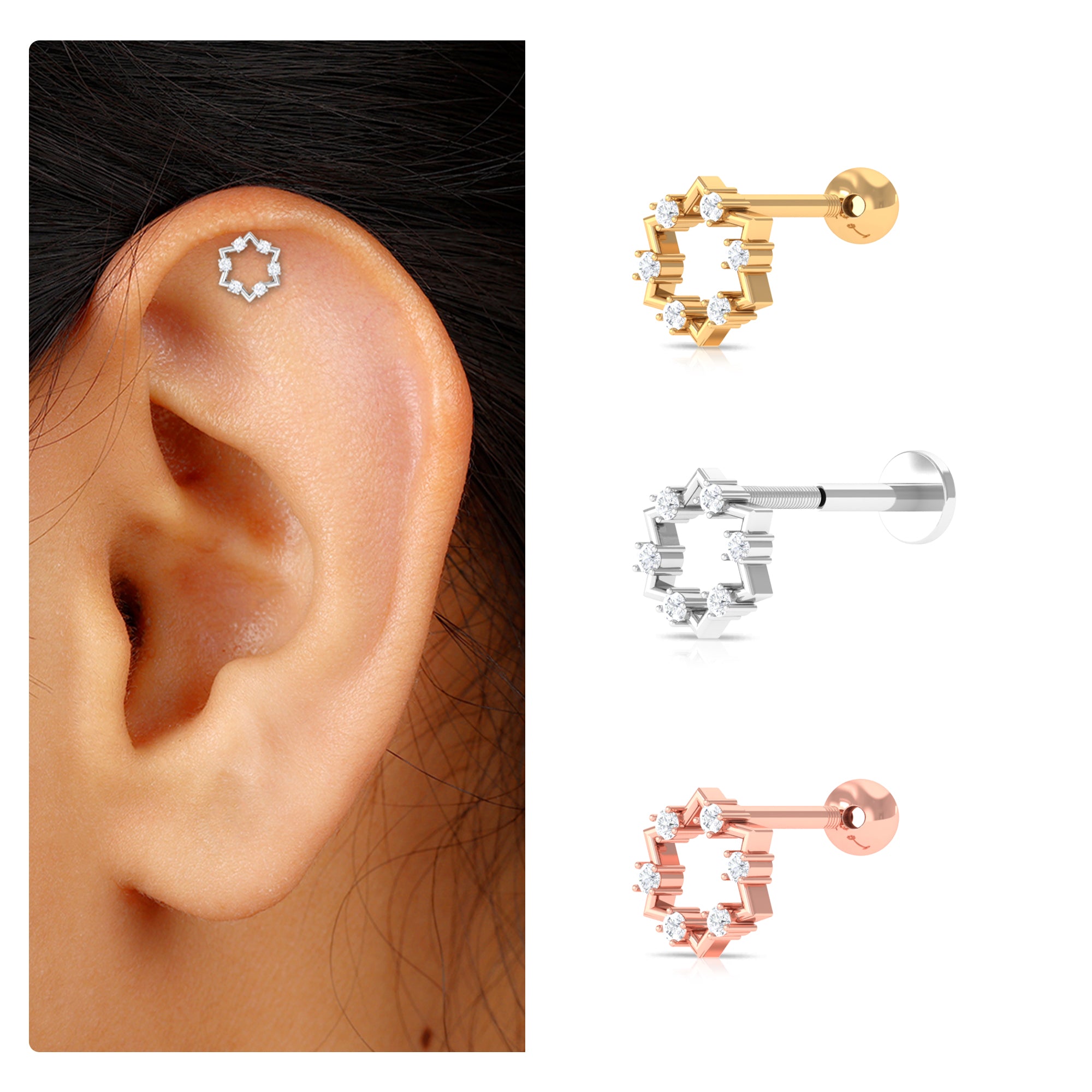 Rosec Jewels-Unique Real Diamond Gold Star Earring for Cartilage Piercing