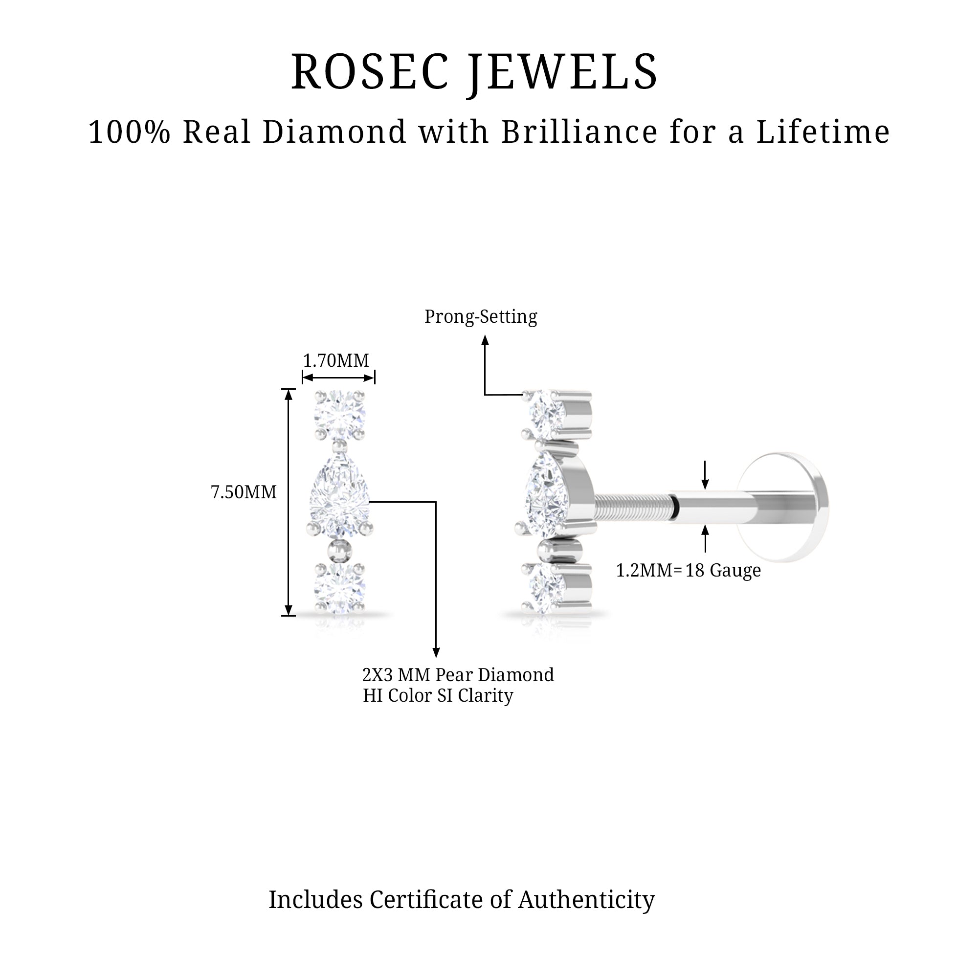 Rosec Jewels-Simple Three Diamond Cartilage Earring with Flat Back