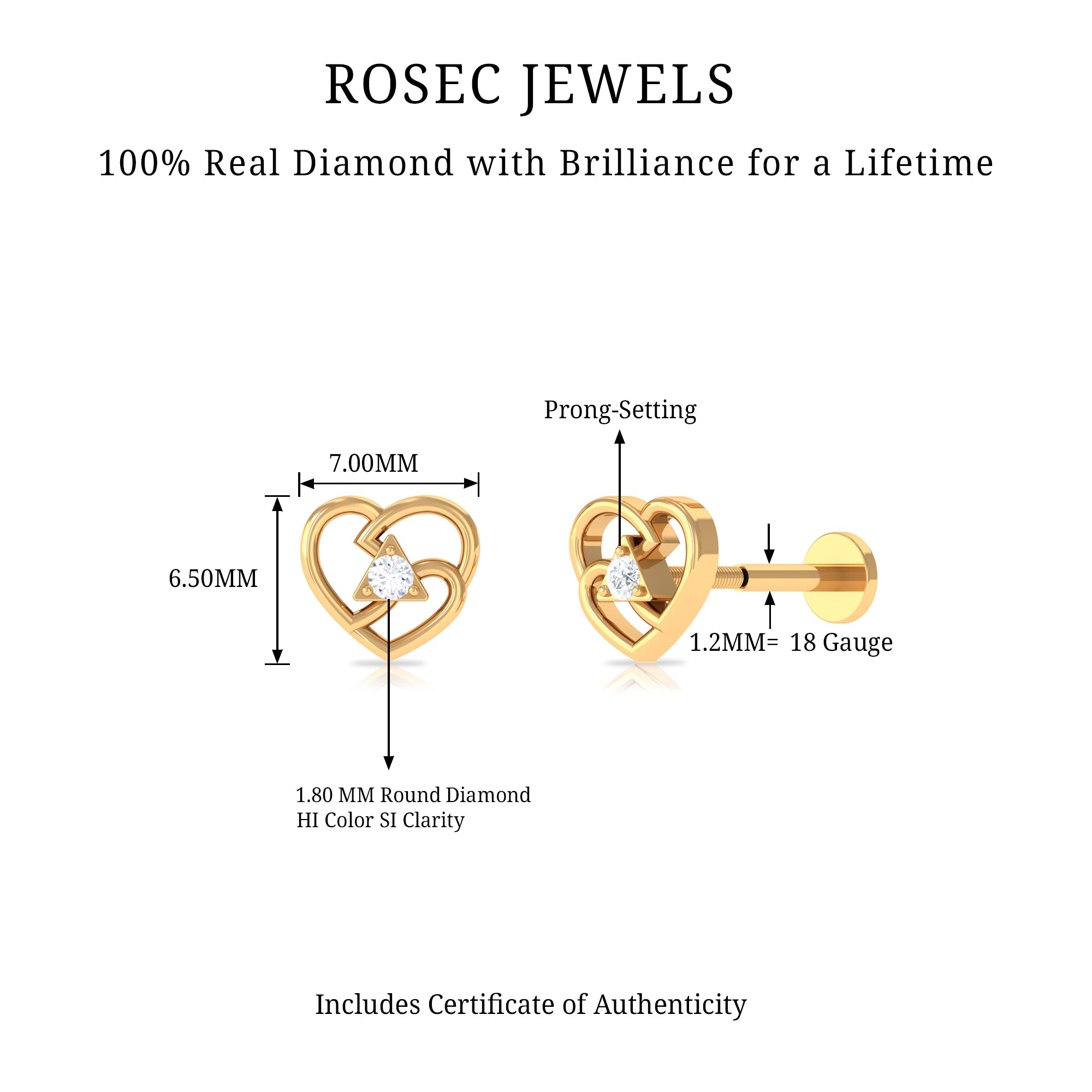 Rosec Jewels-Real Diamond Unique Heart Earring for Upper Lobe Piercing