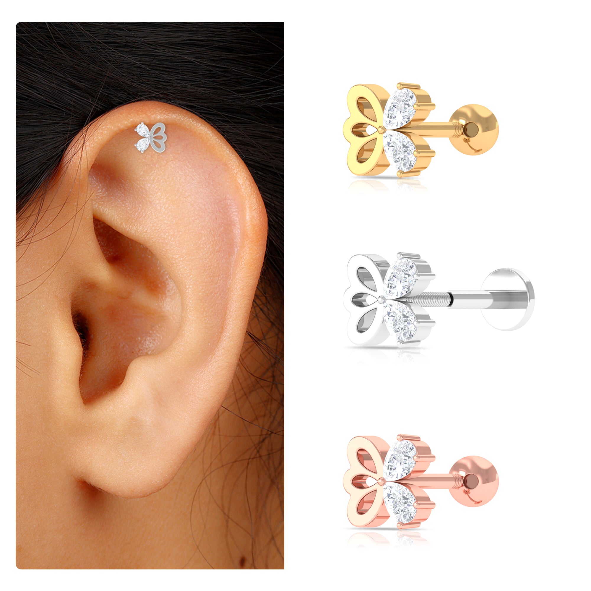 Rosec Jewels-Pear Moissanite Gold Butterfly Earring for Helix Piercing