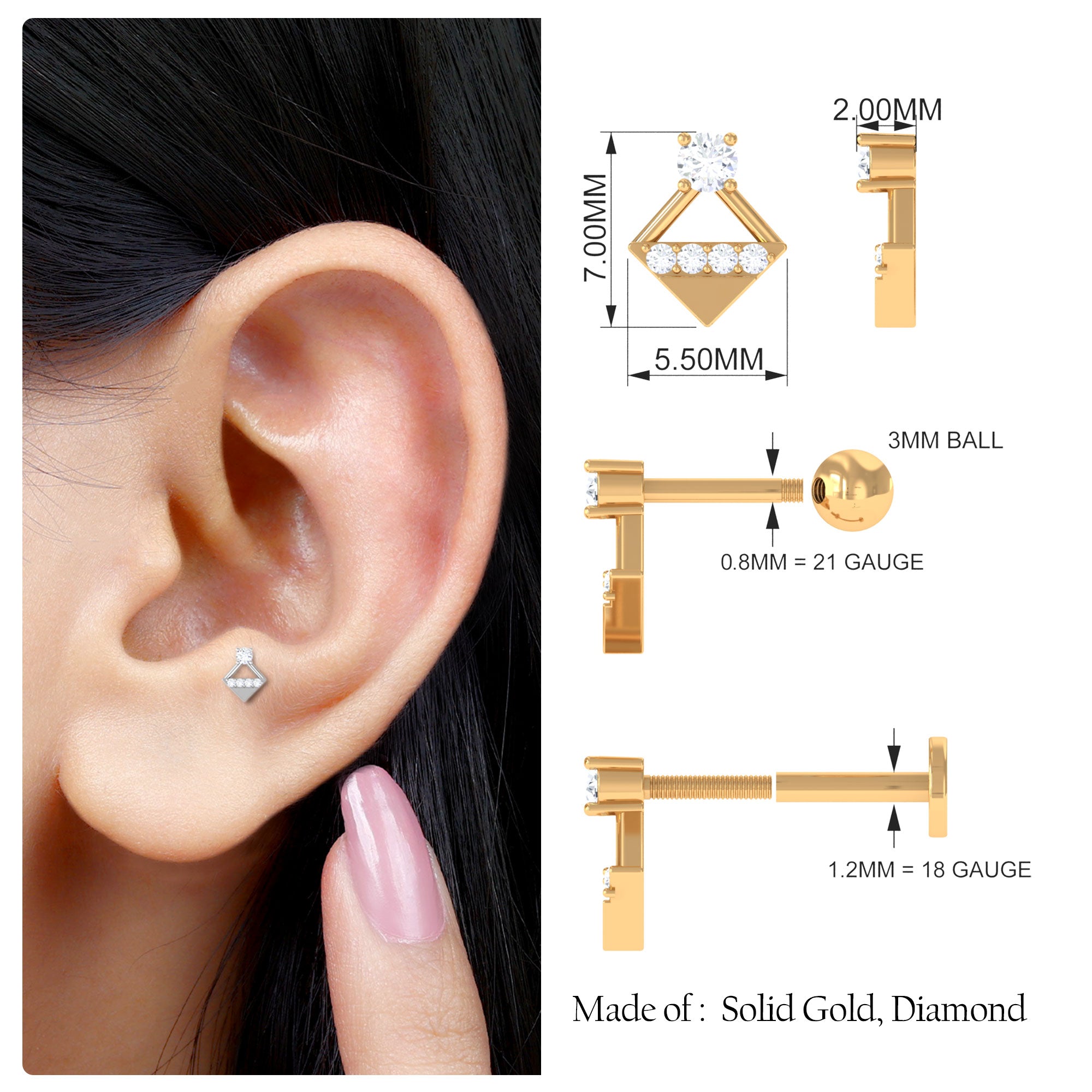 Rosec Jewels-Unique Diamond Geometric Tragus Earring in Gold