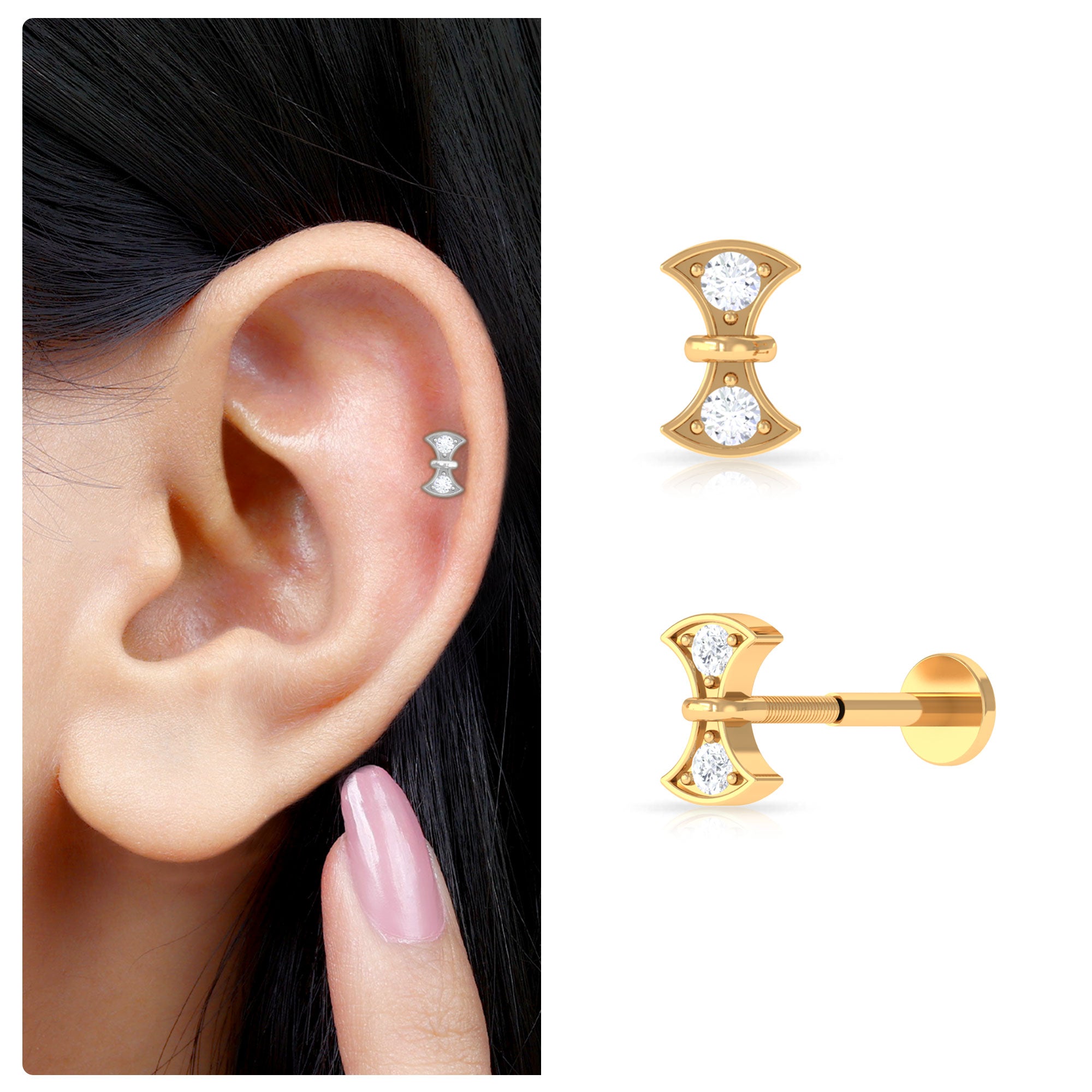 Rosec Jewels-Natural Diamond Gold Axe Earring for Tragus Piercing