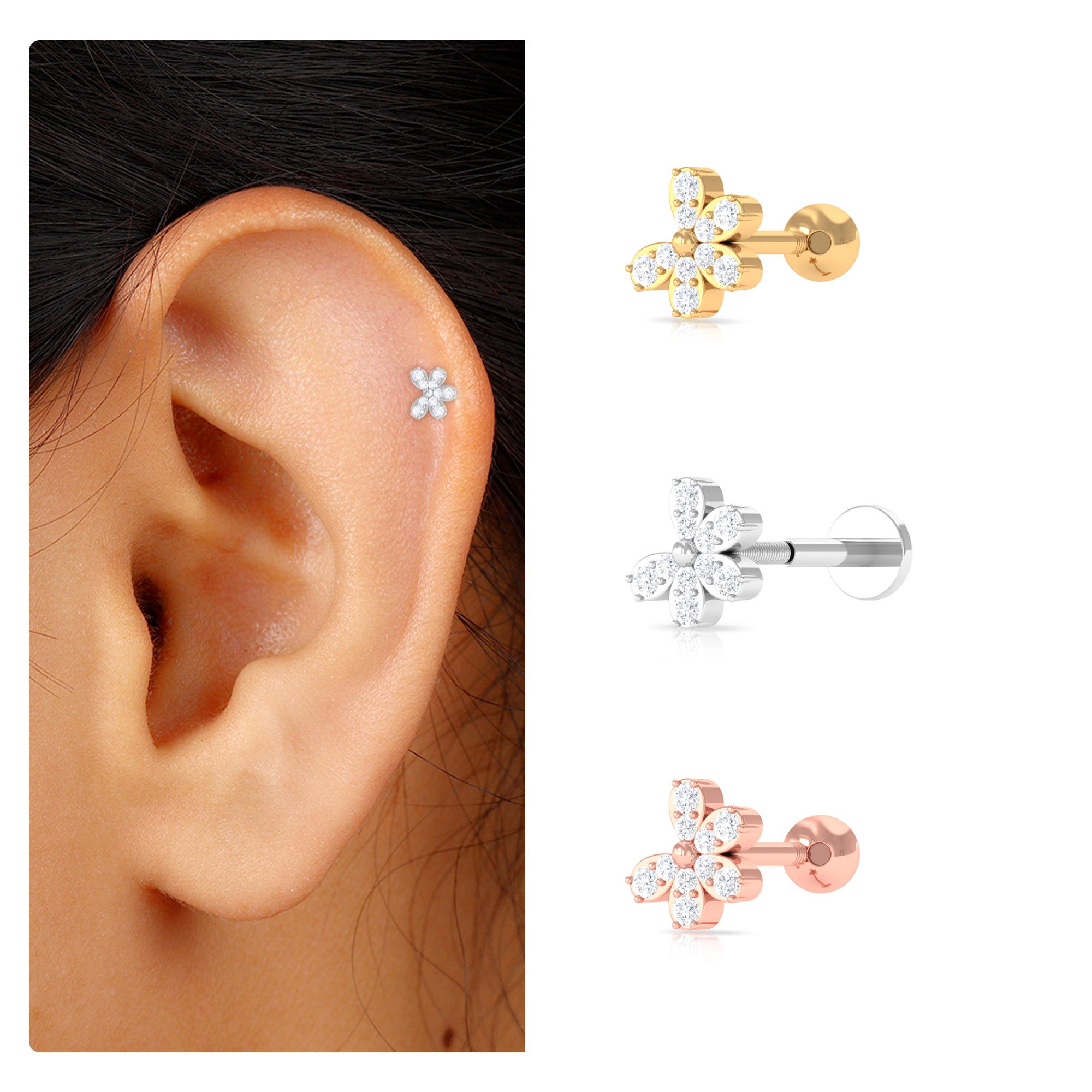 Rosec Jewels-Certified Moissanite Gold Floral Earring for Tragus Piercing