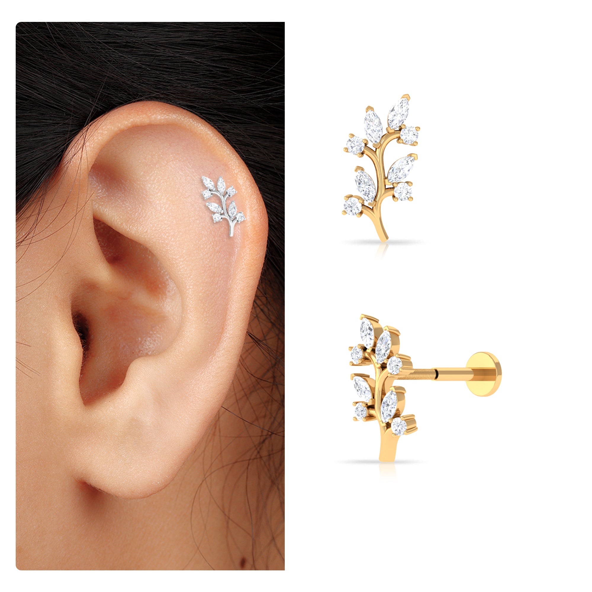 Rosec Jewels-Marquise and Round Moissanite Leaf Earring for Helix Piercing