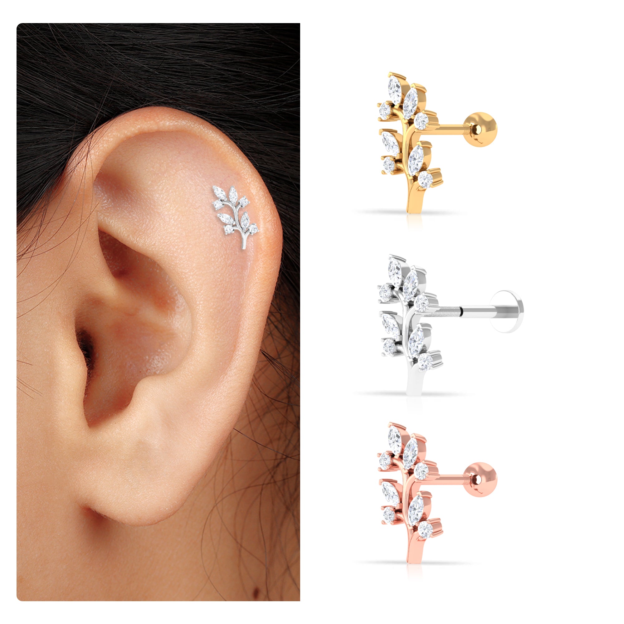 Rosec Jewels-Marquise and Round Moissanite Leaf Earring for Helix Piercing