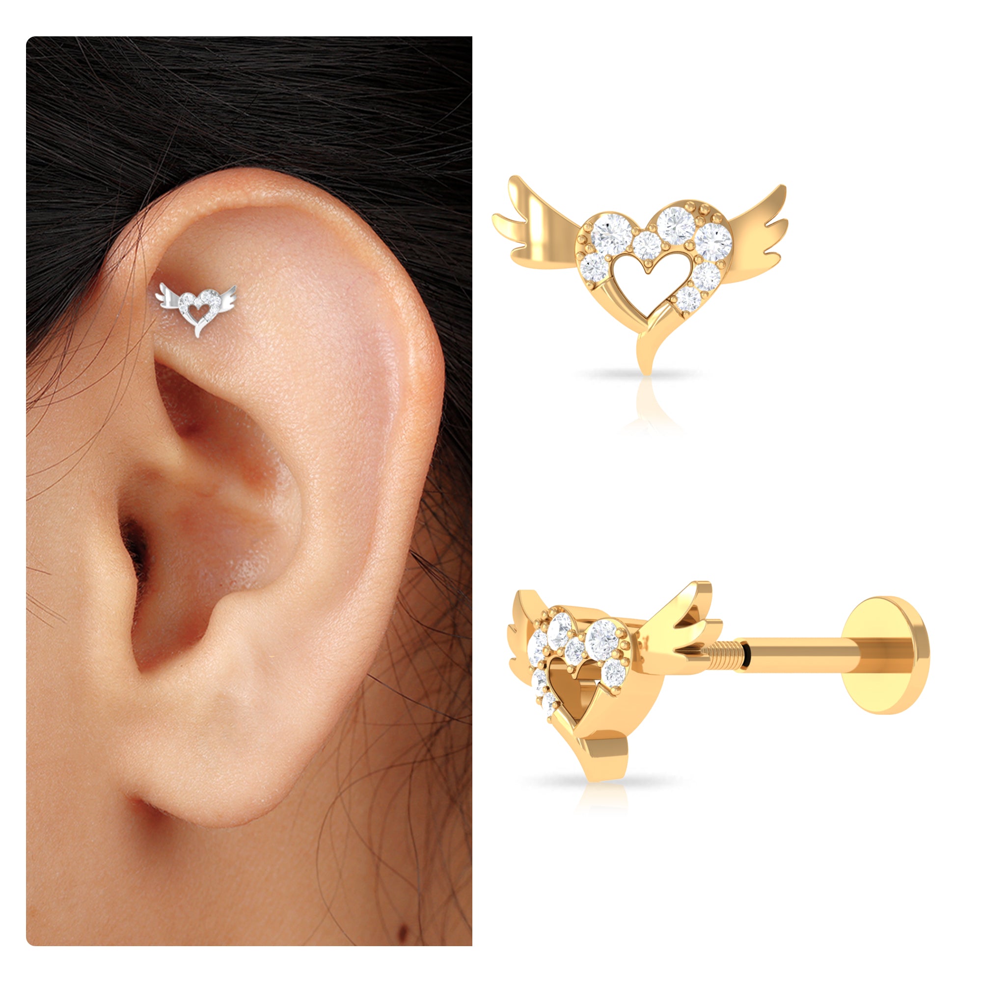 Real Diamond Heart Cartilage Earring with Gold Wings Rosec Jewels