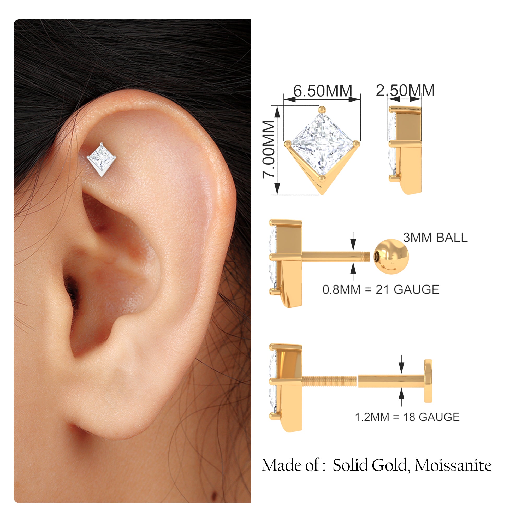 Rosec Jewels-Princess Cut Moissanite Tragus Earring in Gold