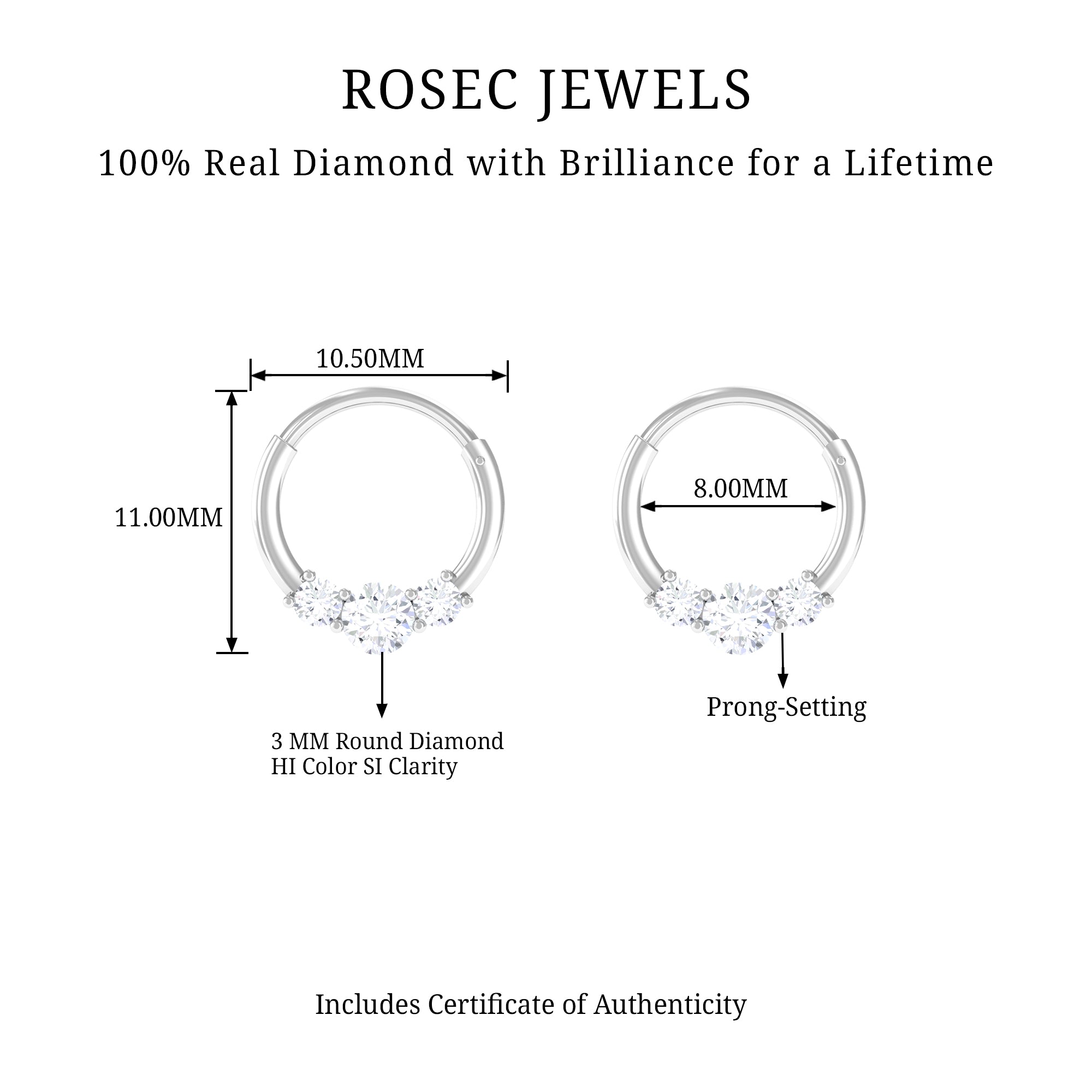 Rosec Jewels-Three Diamond Clicker Hoop Earring for Daith Piercing