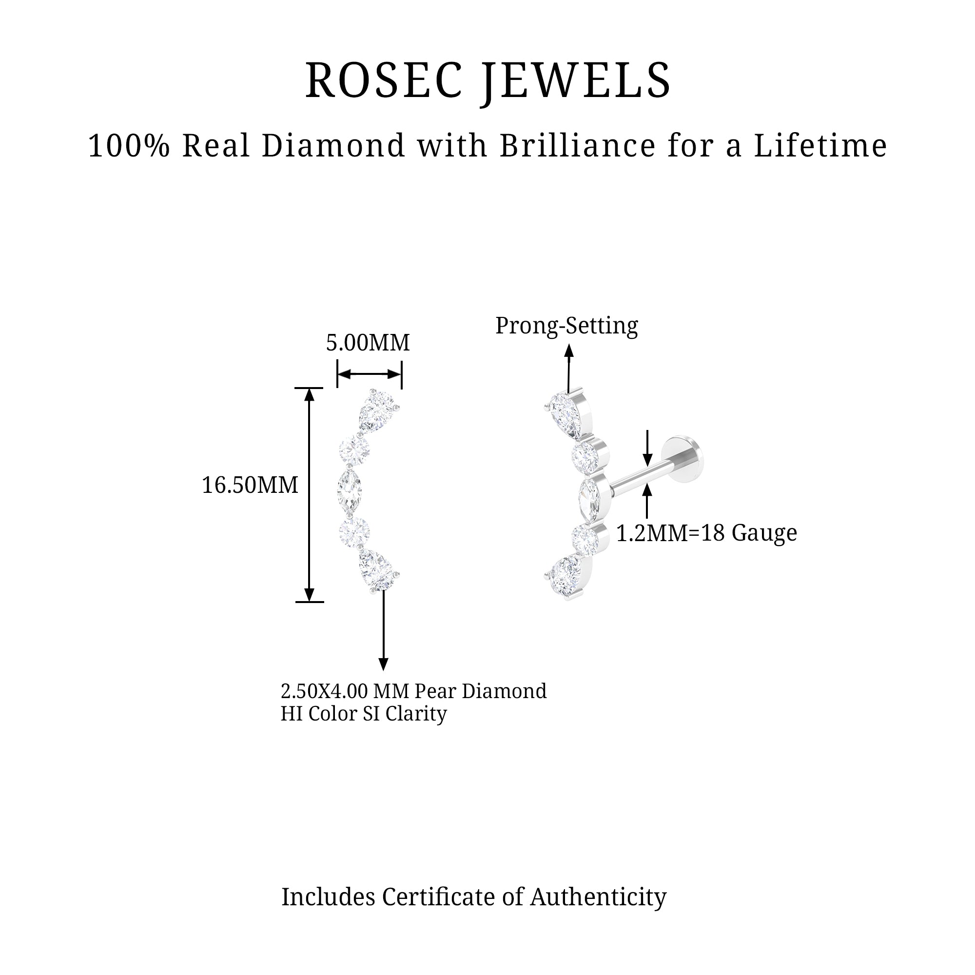 Rosec Jewels-Simple Diamond Curved Crawler Earring for Helix Piercing