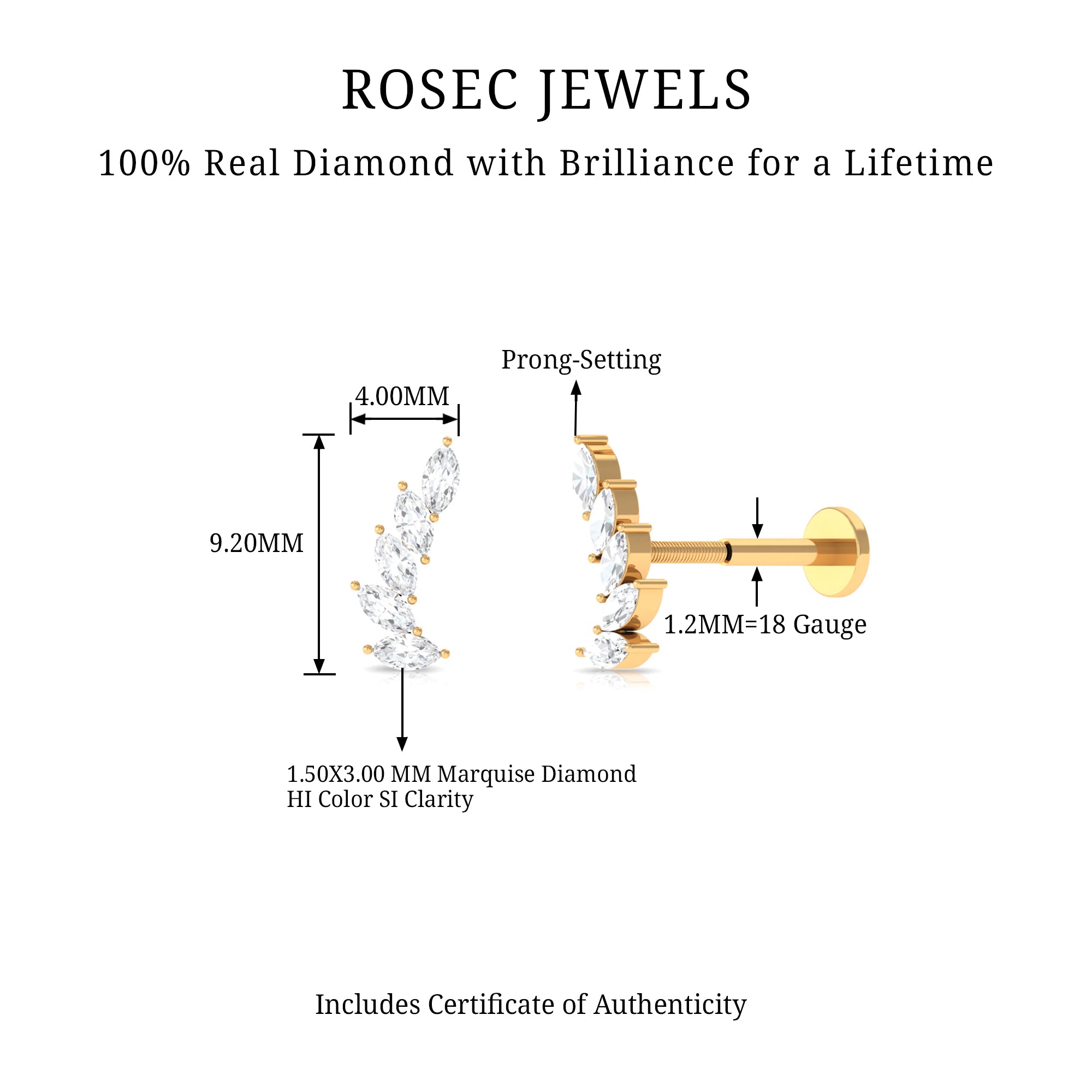 Rosec Jewels-Marquise Diamond Crawler Earring for Helix Piercing