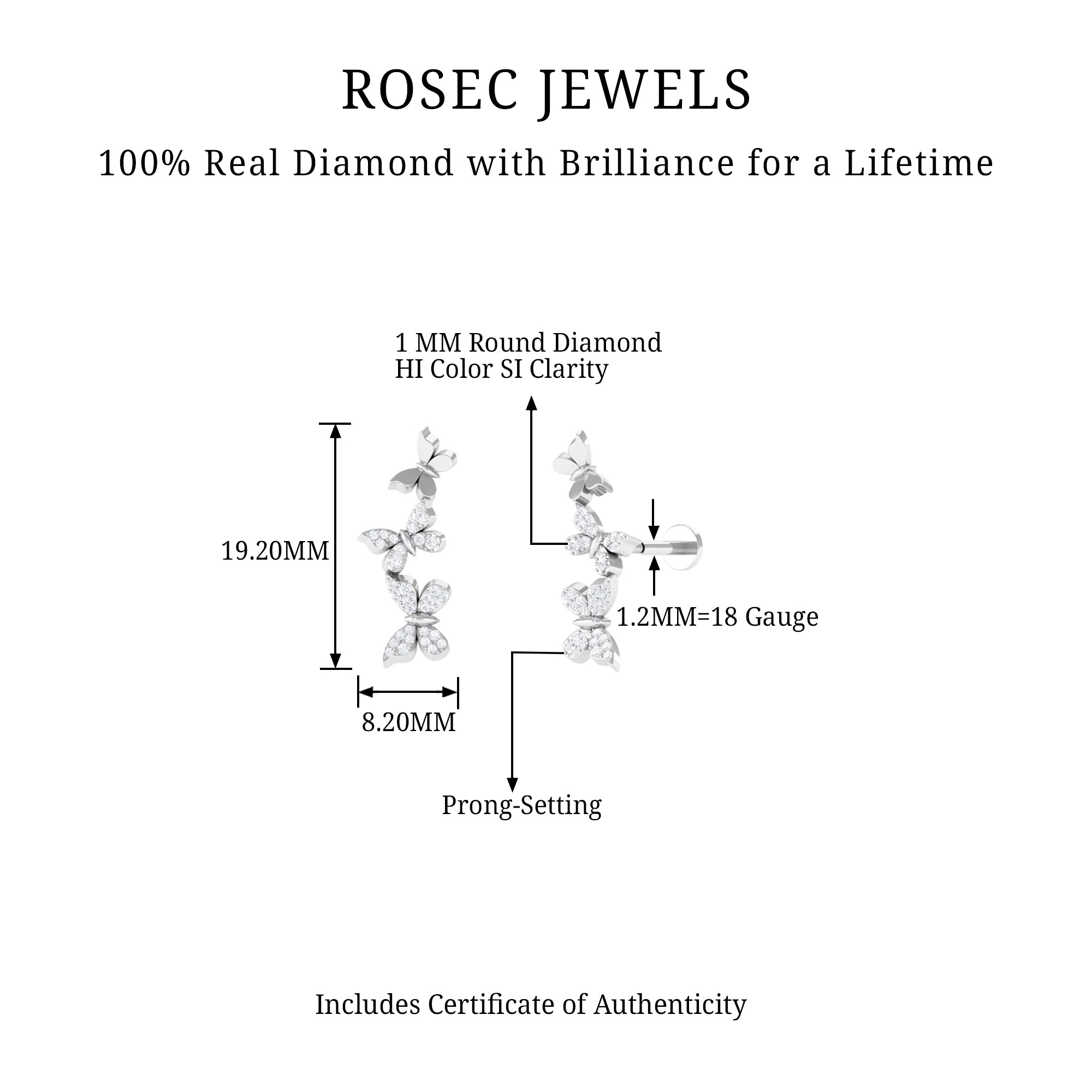 Rosec Jewels-Natural Diamond Butterfly Crawler Earring for Helix Piercing