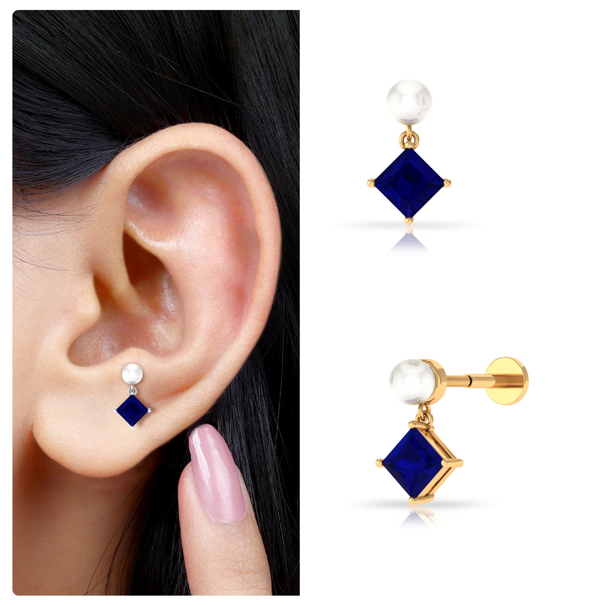 Created Blue Sapphire and Freshwater Pearl Cartilage Earring Freshwater Pearl - ( AAA ) - Quality - Rosec Jewels