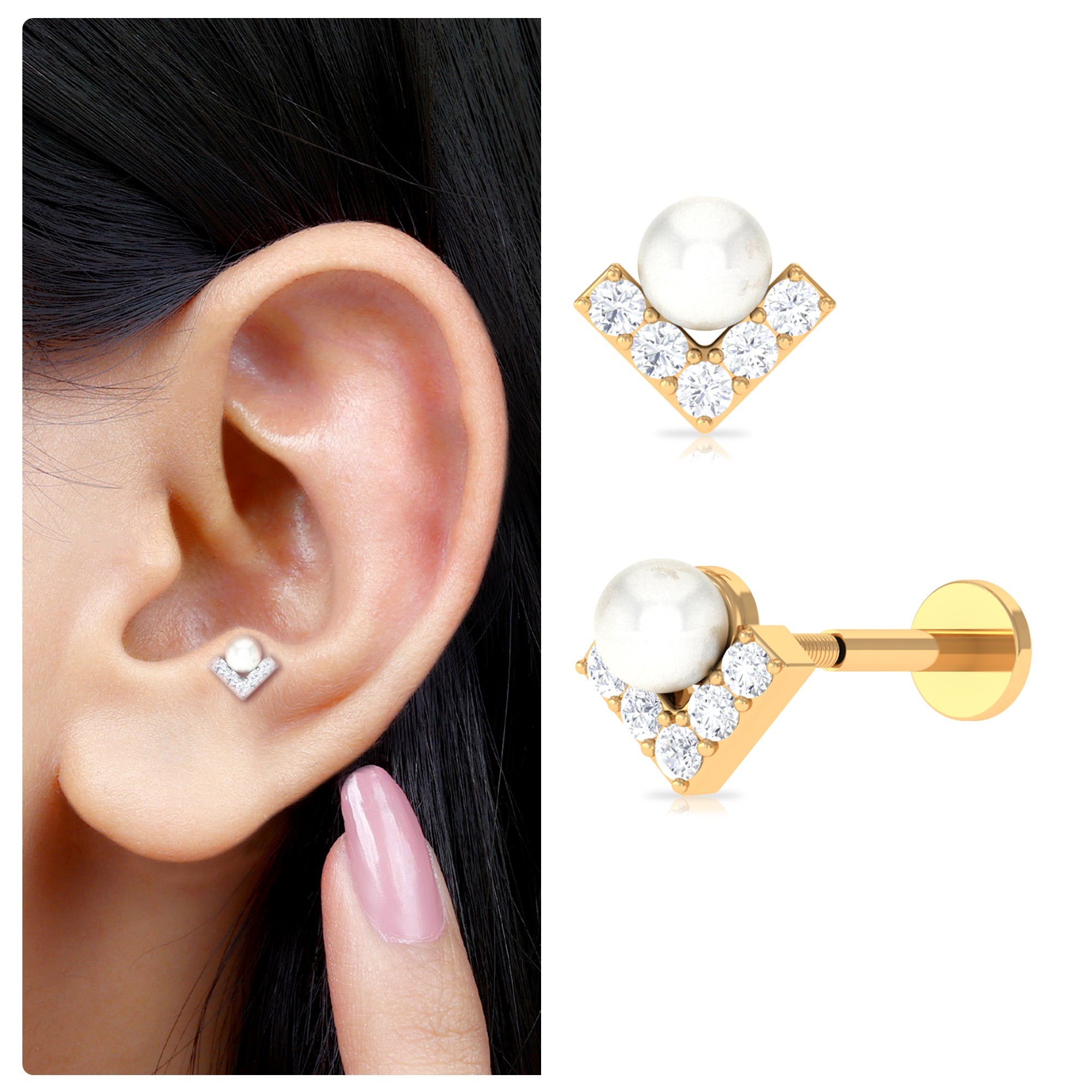 Rosec Jewels-Unique Freshwater Pearl Cartilage Earring with Moissanite