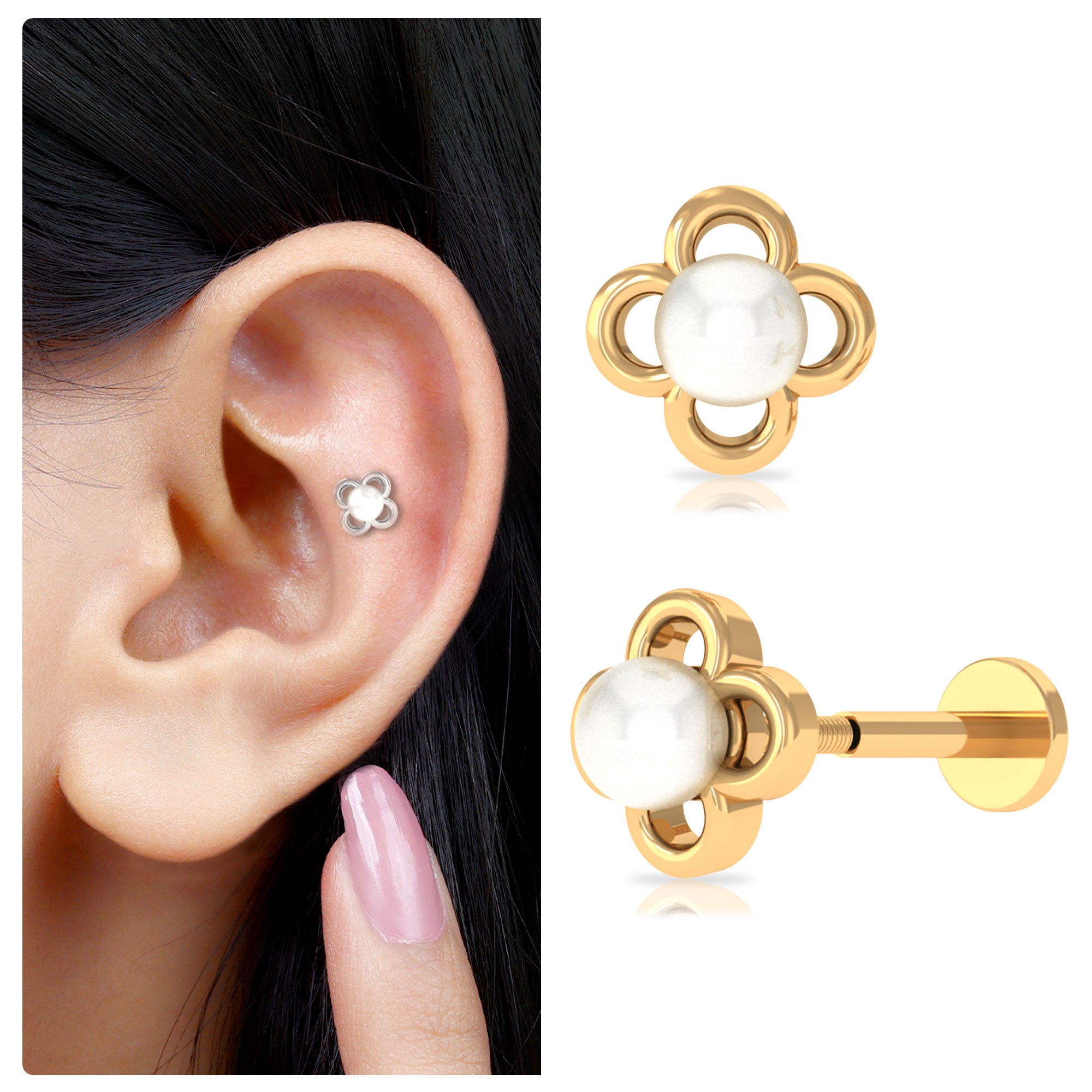 Rosec Jewels-Freshwater Pearl Solitaire Flower Cartilage Earring in Gold