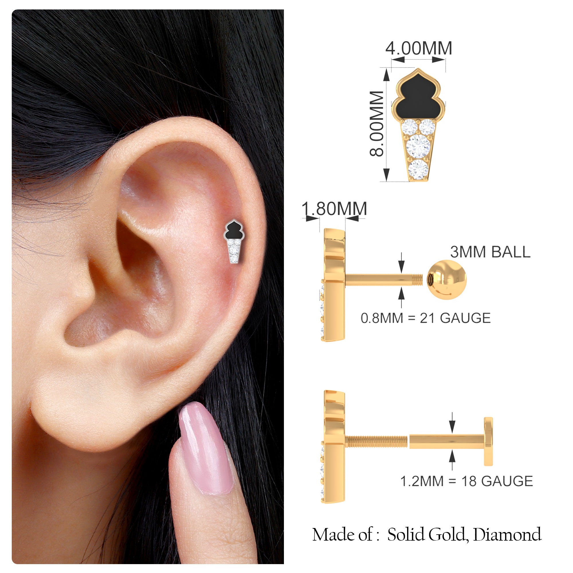 Rosec Jewels-Diamond and Black Enamel Ice Cream Earring for Helix Piercing