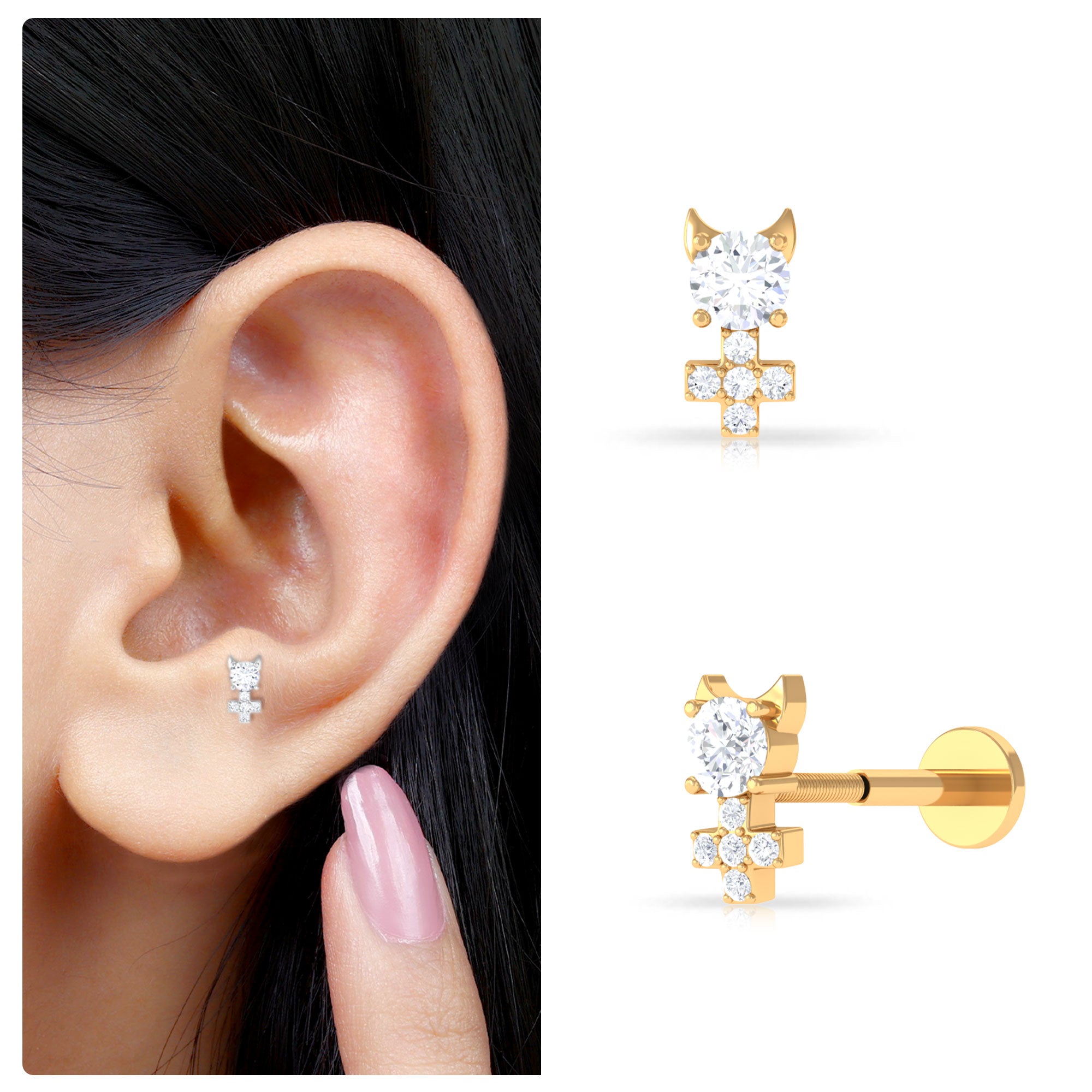 Rosec Jewels-Round Moissanite Devil Helix Earring in Gold