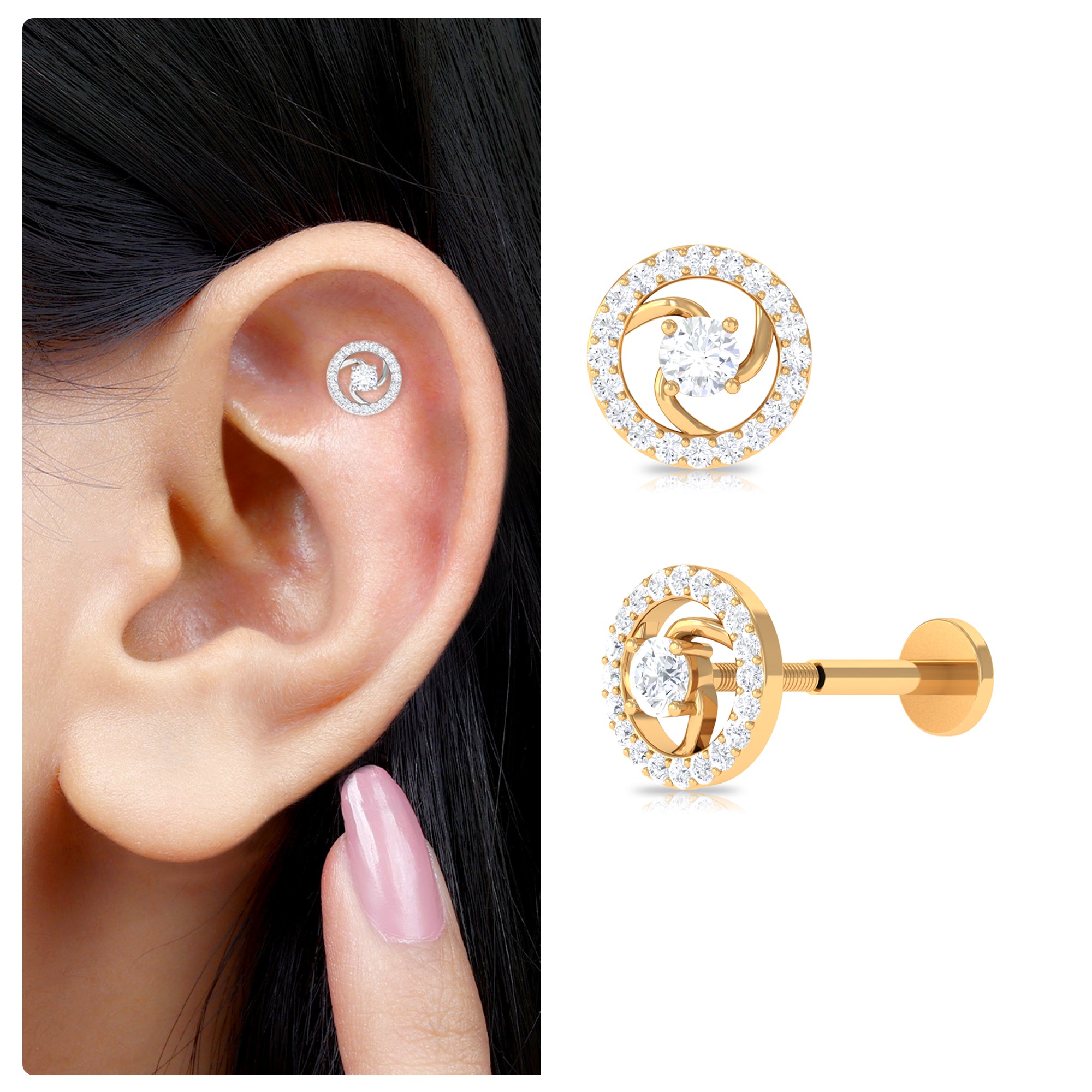 Rosec Jewels-Certified Moissanite Swirl Cartilage Earring in Gold