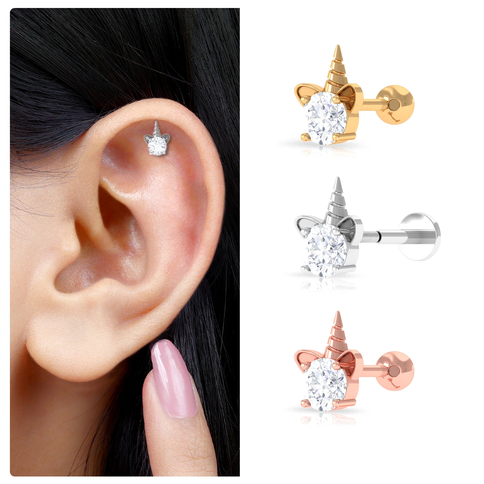 Rosec Jewels-Cute Moissanite Unicorn Helix Earring in Gold