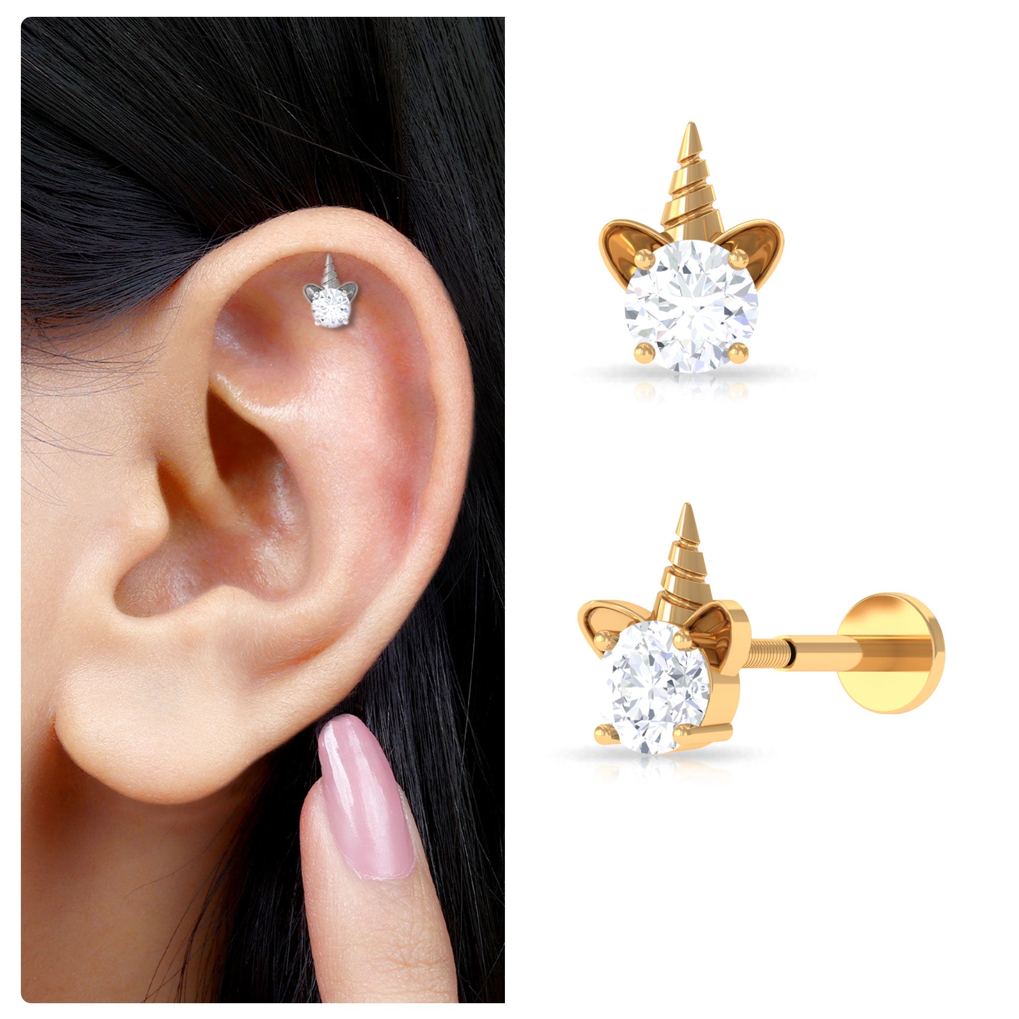 Rosec Jewels-Cute Moissanite Unicorn Helix Earring in Gold