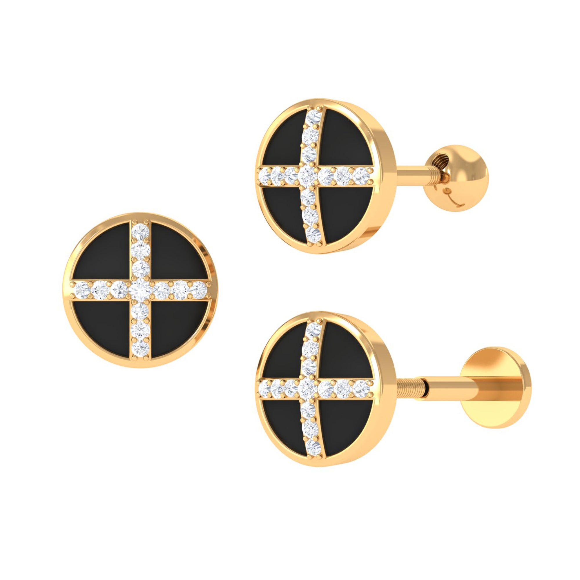 Natural Diamond Black Enamel Circle Earring in Gold Diamond - ( HI-SI ) - Color and Clarity - Rosec Jewels