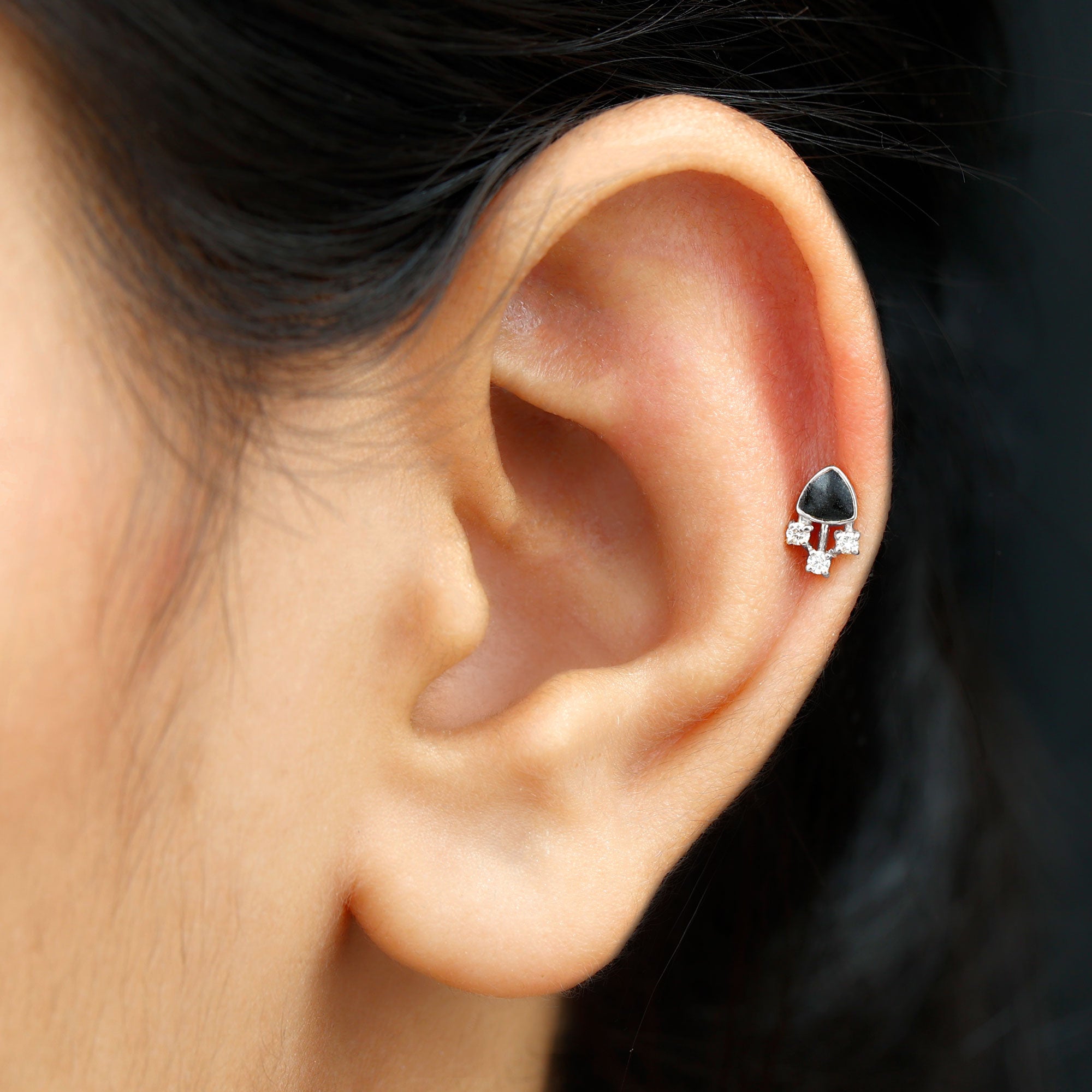 Rosec Jewels-Genuine Diamond Black Enamel 3 Stone Tragus Earring