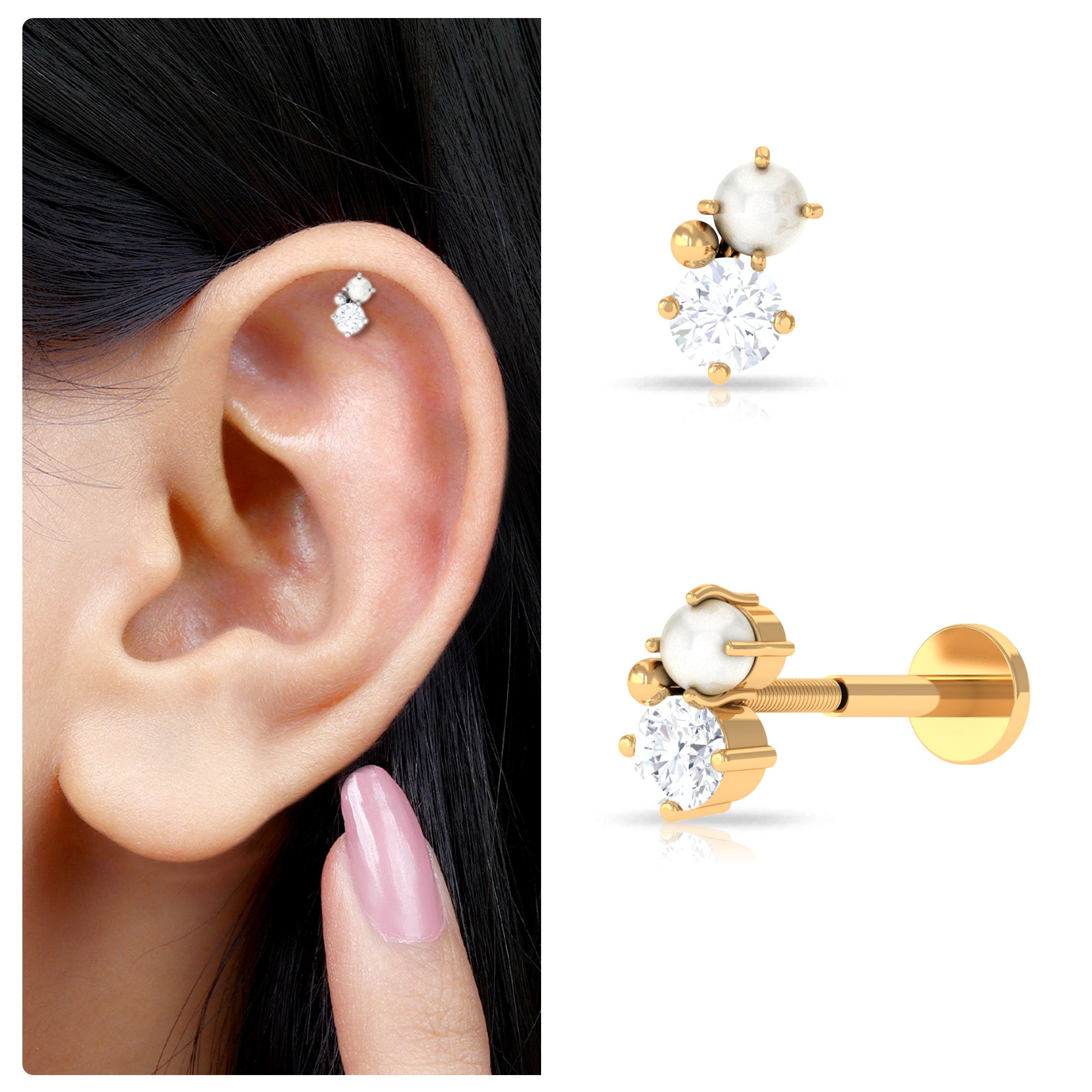 Rosec Jewels-Tiny Freshwater Pearl and Moissanite Two Stone Tragus Earring