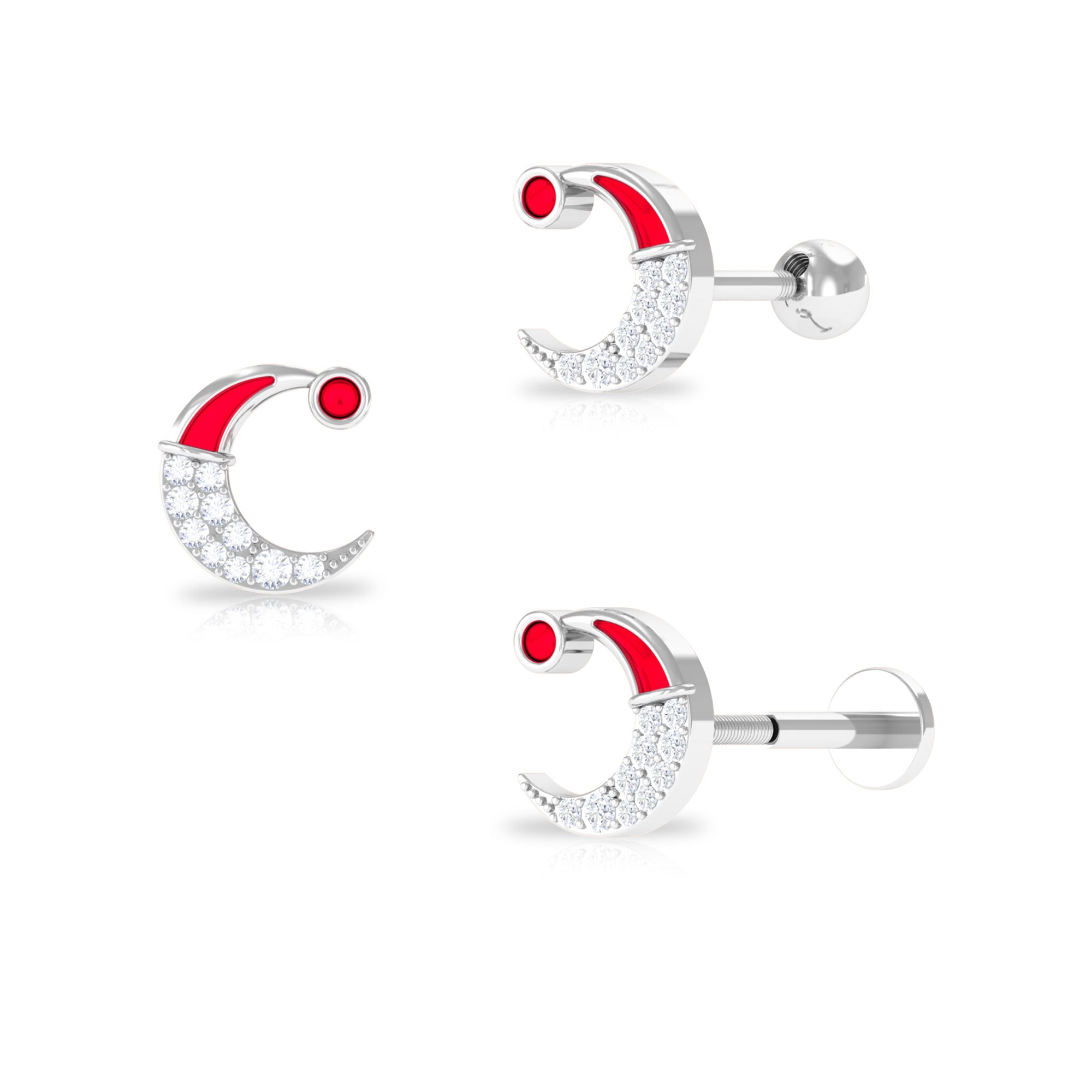 Rosec Jewels-Real Diamond Red Enamel Xmas Crescent Moon Conch Earring